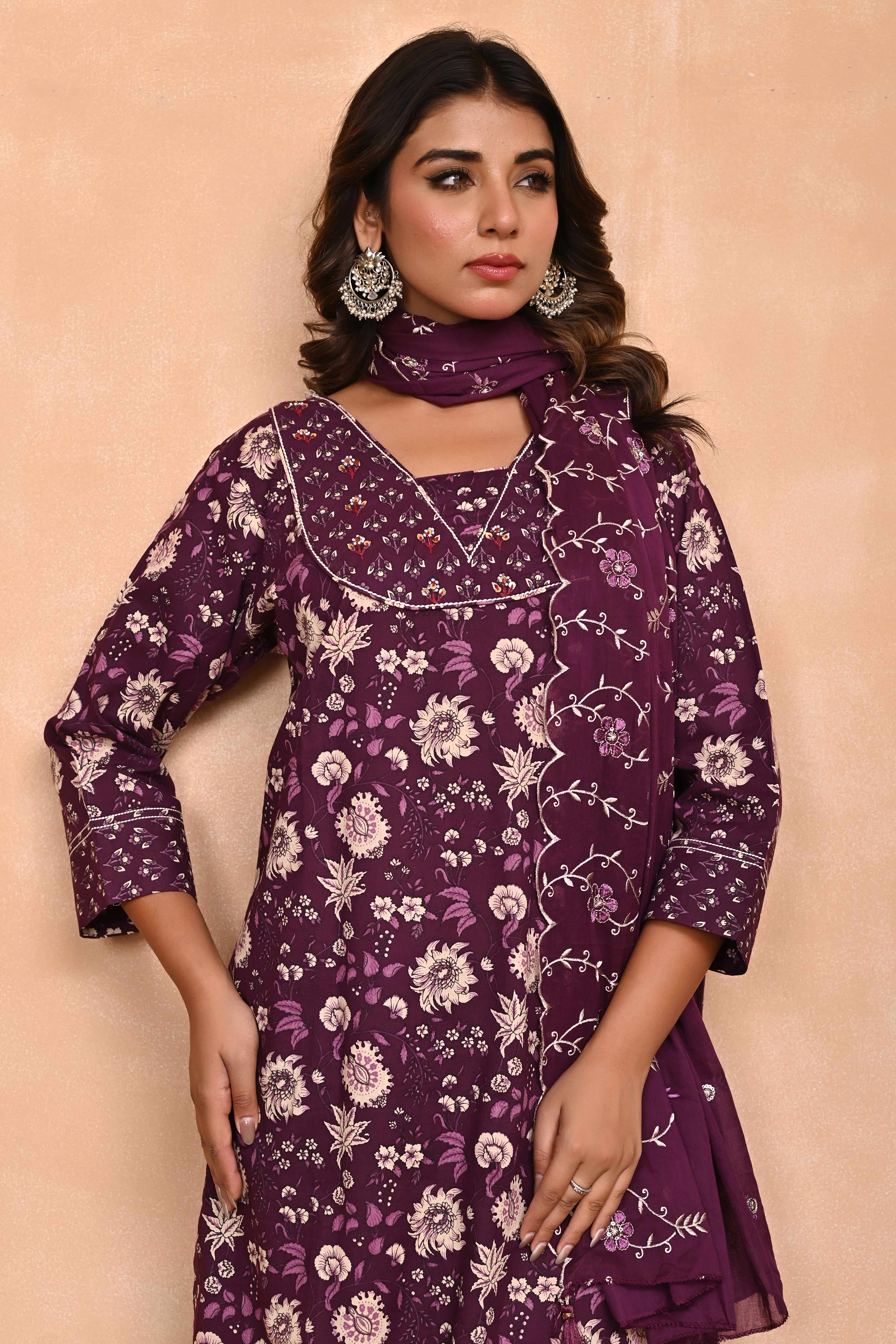 Elegant Wine Floral Printed Salwar Suit With Intricate Sequin Embellishment On Pure Cotton