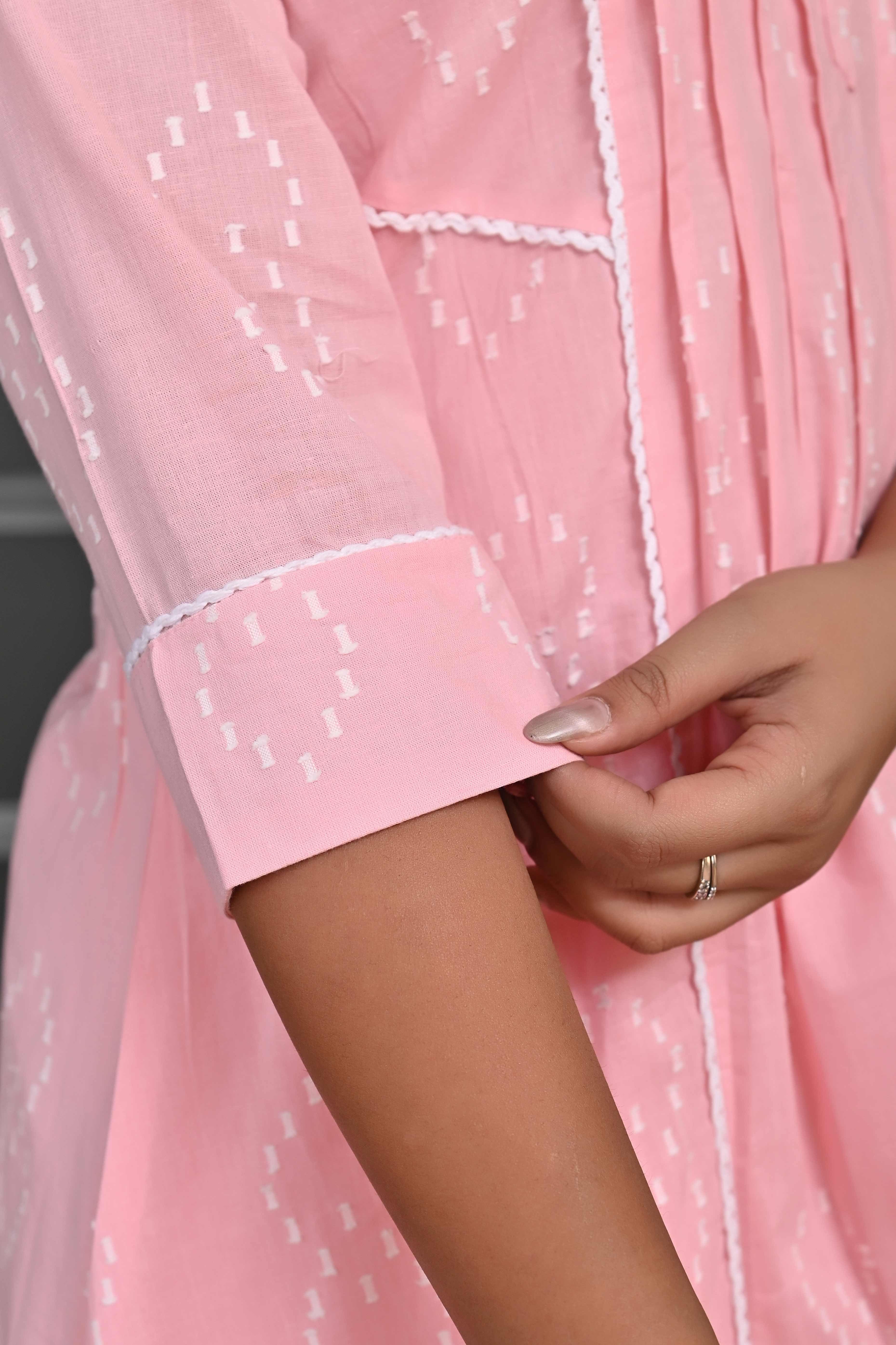 Light Pink A-Line Co-Ord Set In Pure Cotton with Delicate Sequin & Thread Embroidery