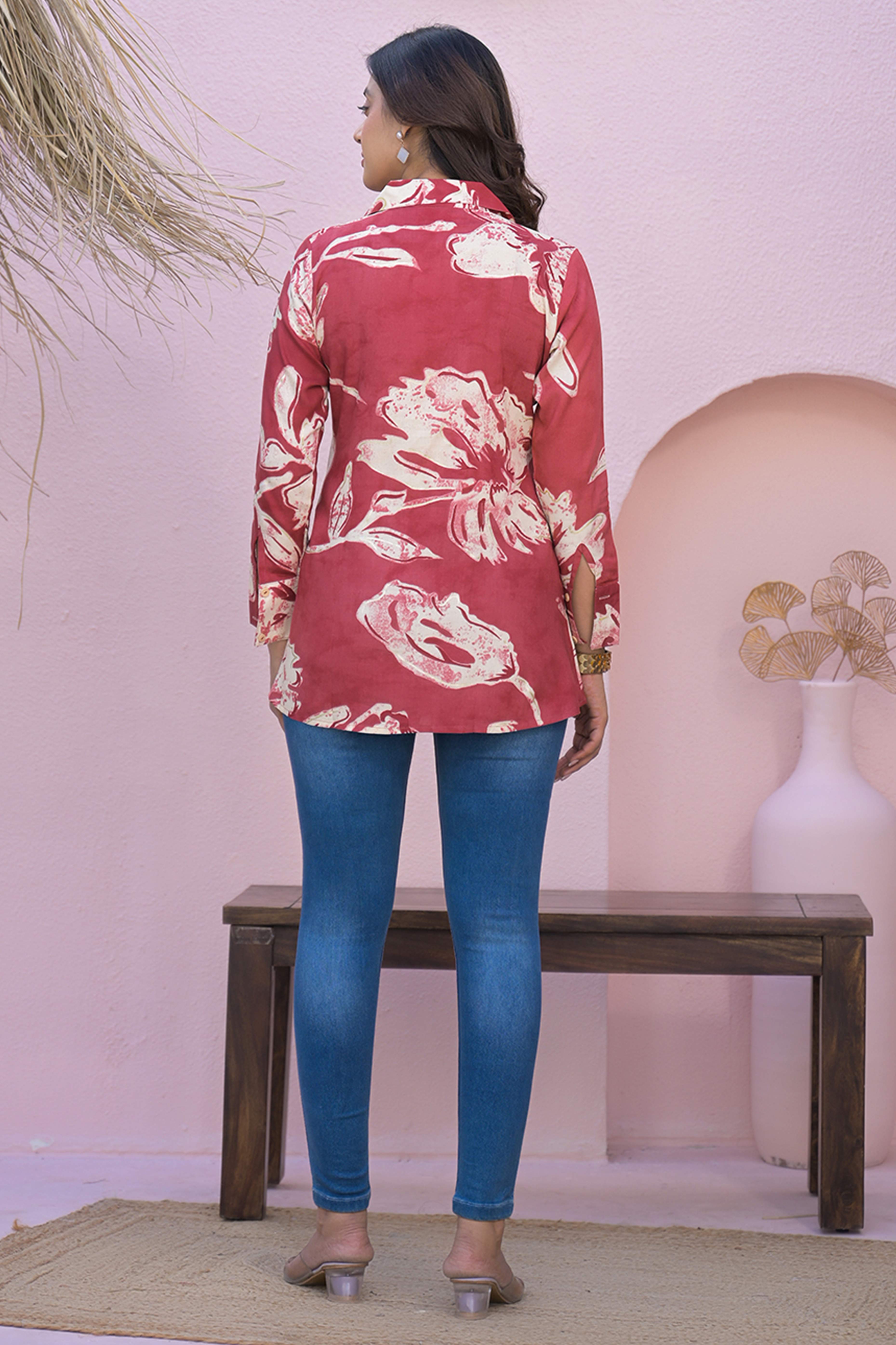 Graceful Cherry Red Rayon Straight Top With A Charming Floral Print