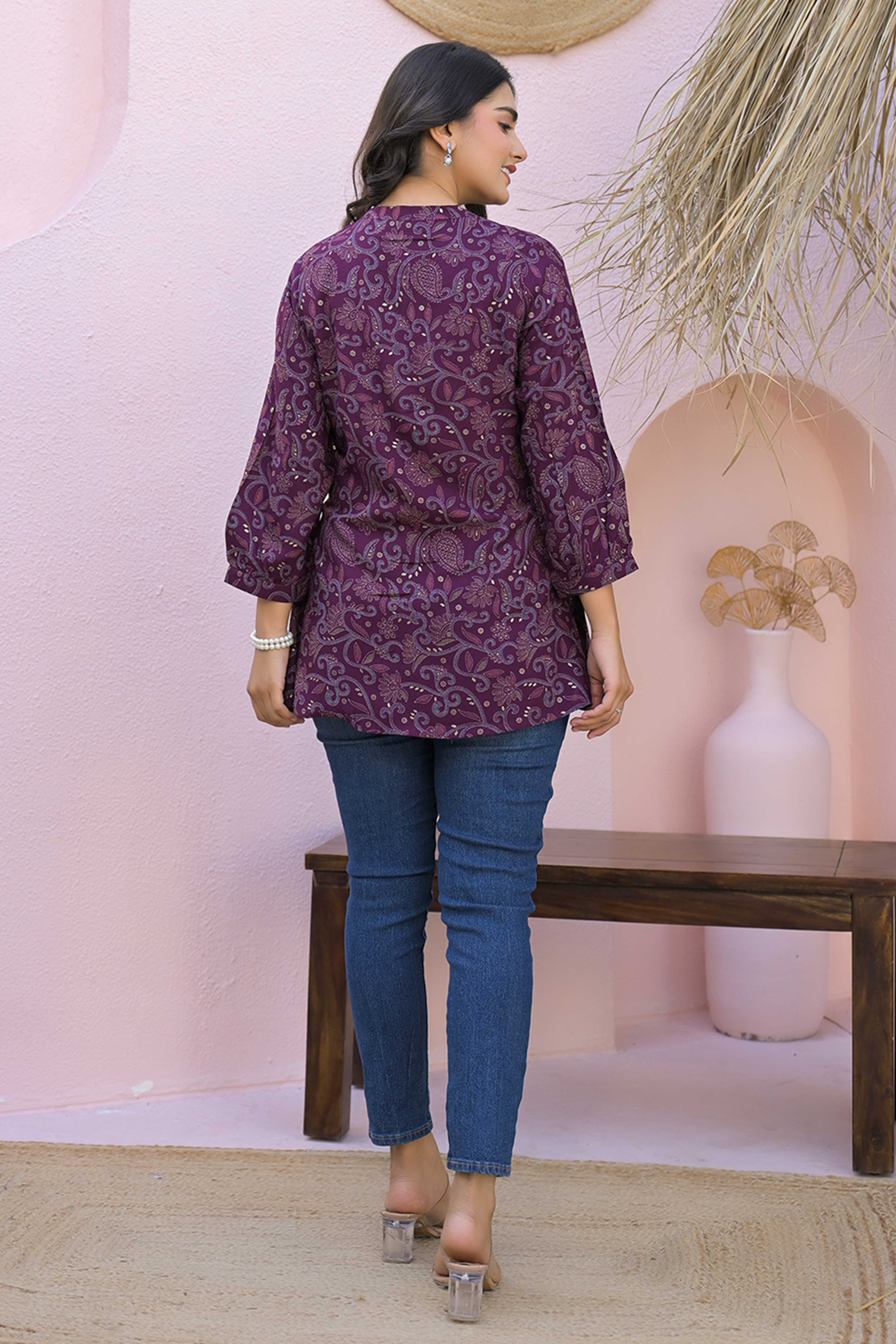 Purple Rayon A-Line Top with Elegant Floral Foil Prints