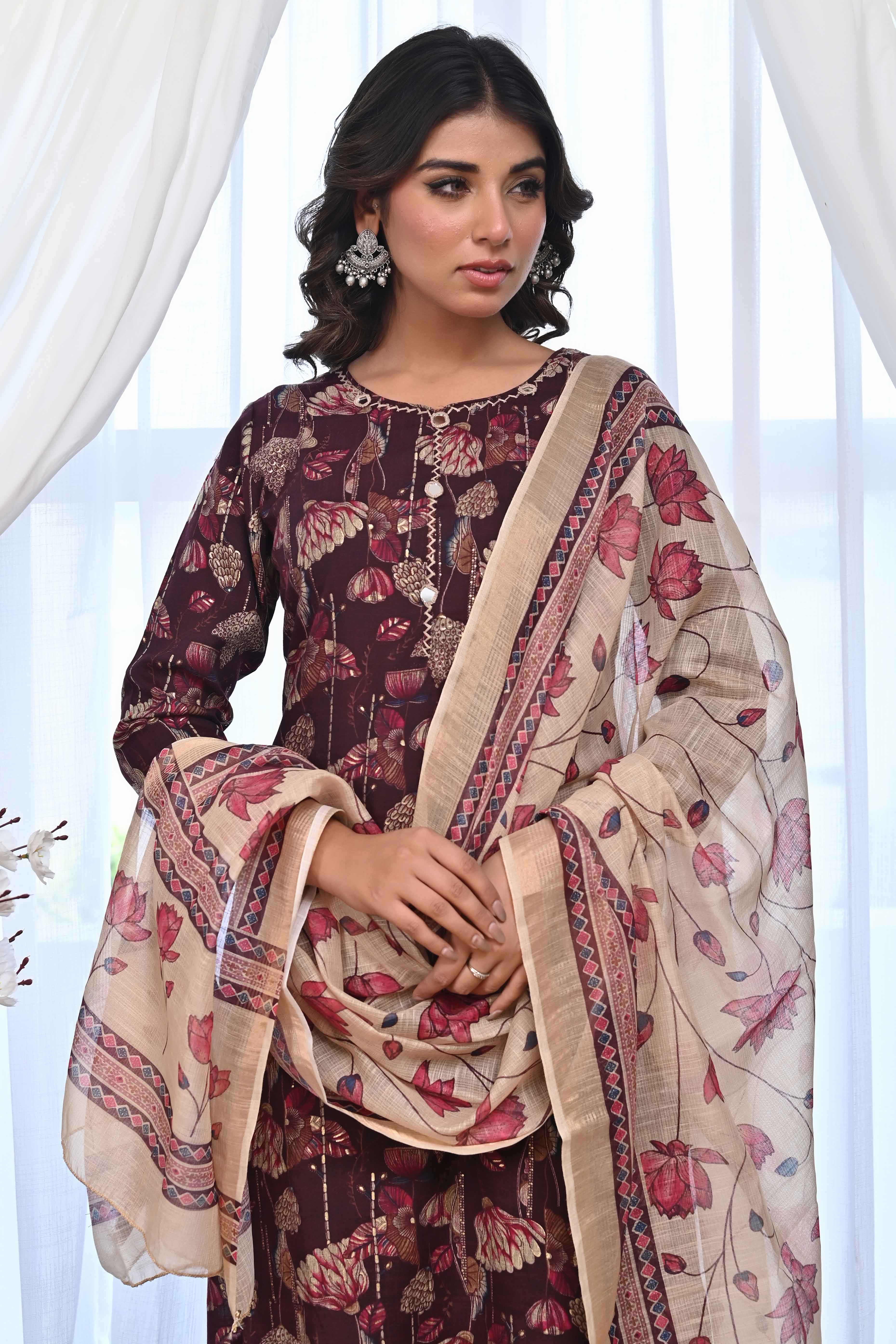 Elegant Wine Rayon Salwar Suit With Floral Prints & Mirror Thread Embellishments