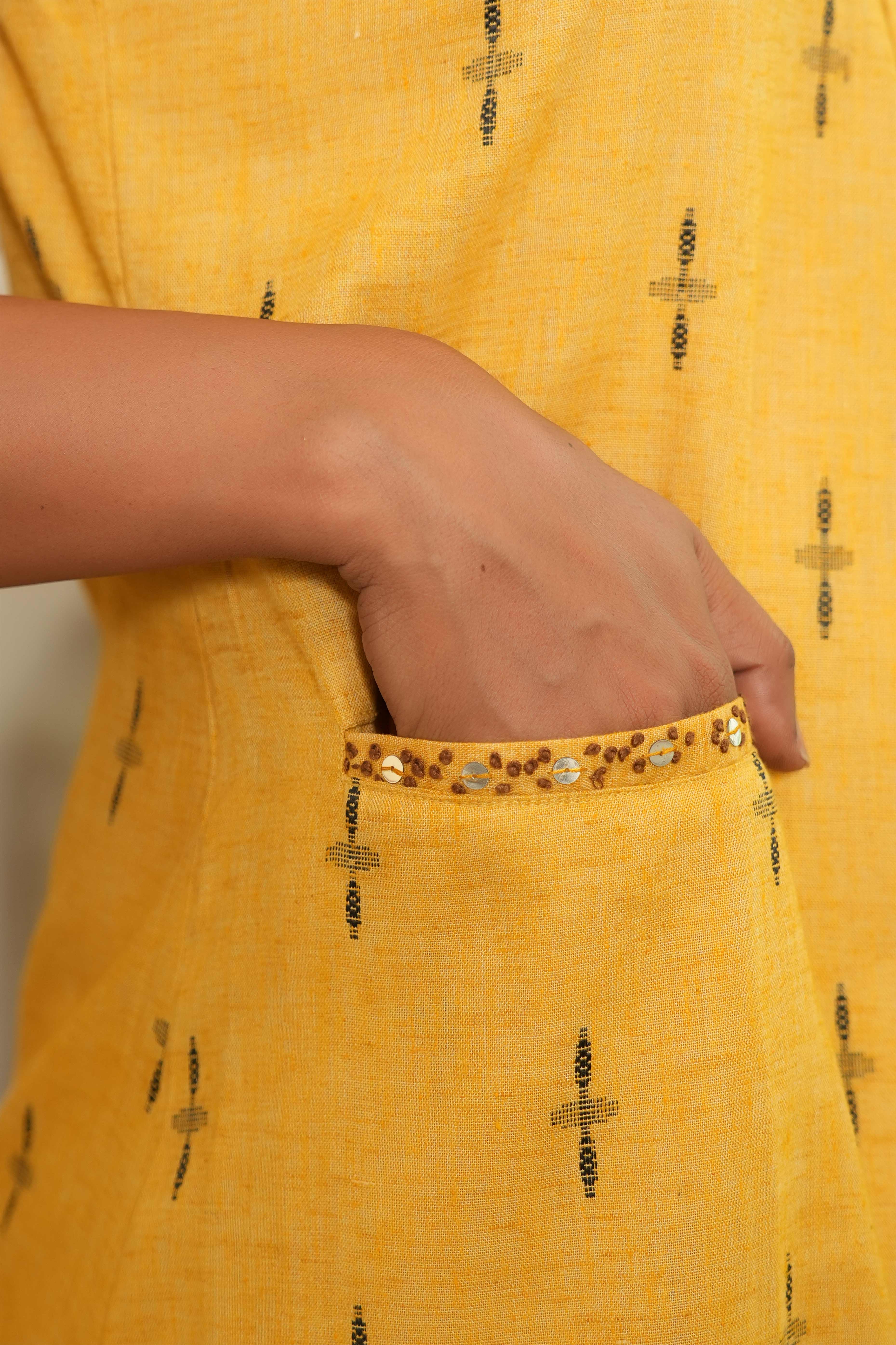 Yellow Pure Cotton A-Line Kurti with Elegant Weaving and Beads Work