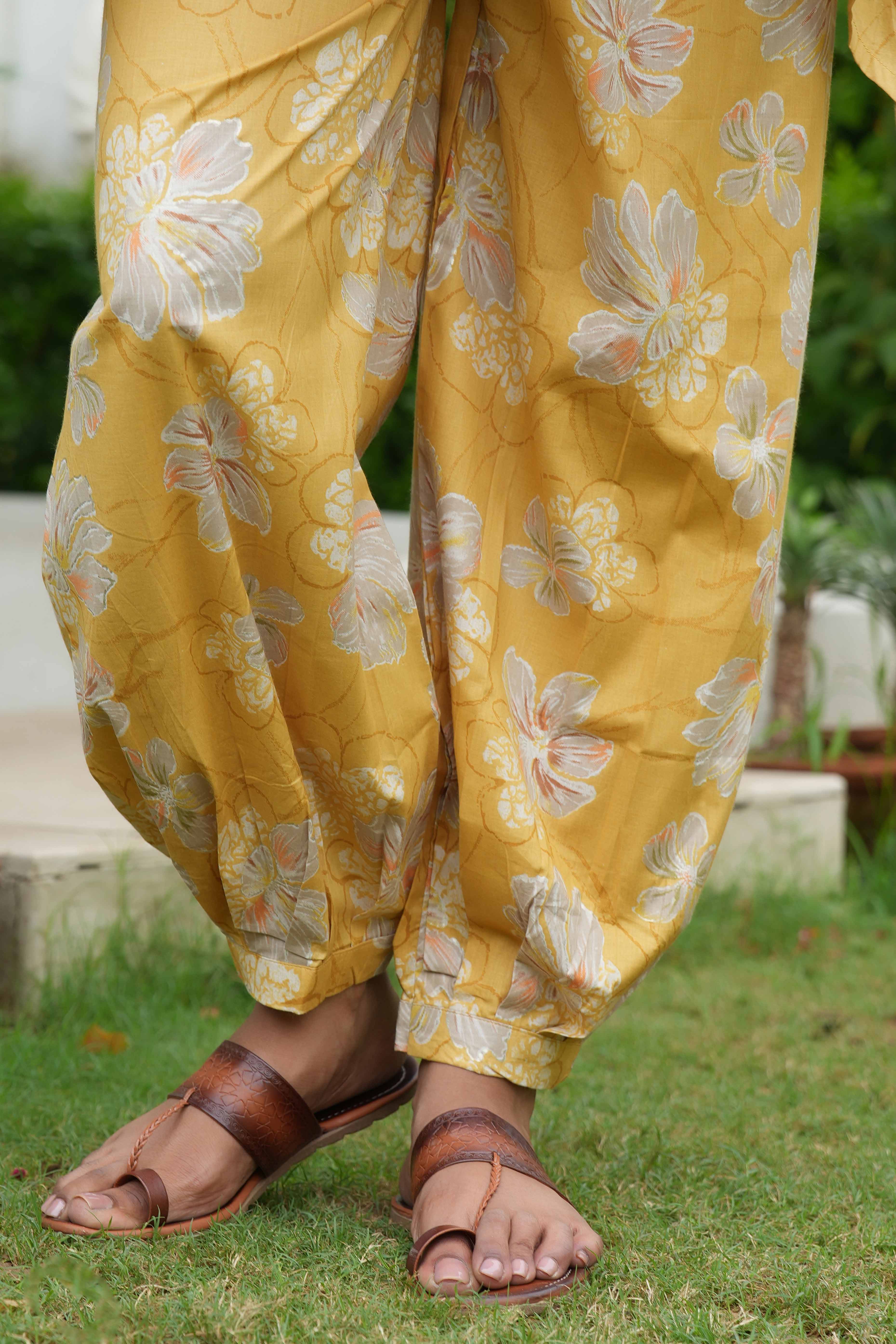 Yellow Co-Ord Set in Pure Cotton with Floral Print & Hand Embroidery