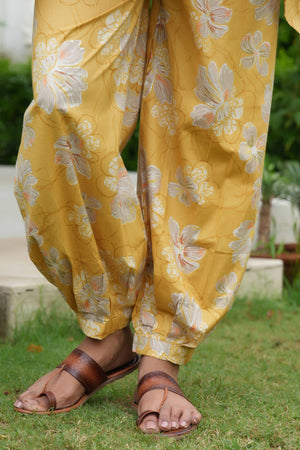 Yellow Co-Ord Set in Pure Cotton with Floral Print & Hand Embroidery