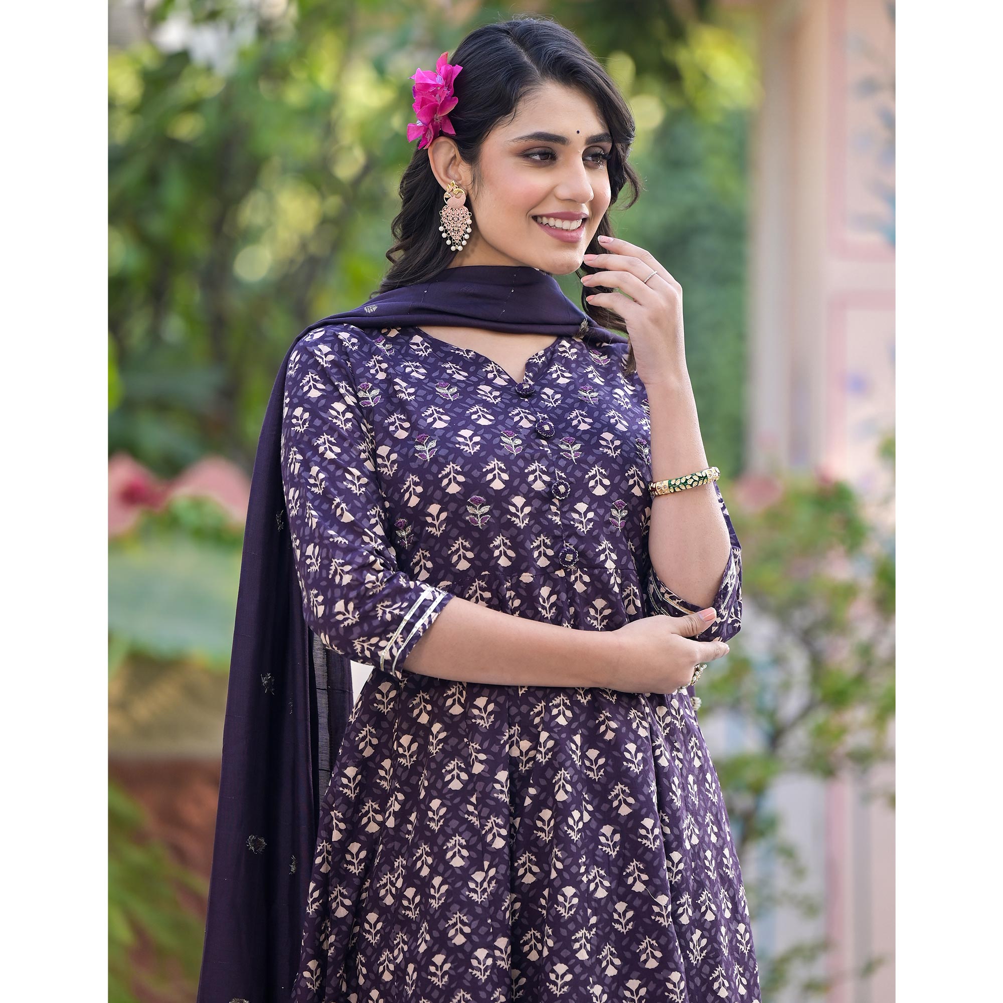 Purple Floral Printed Pure Cotton Anarkali Salwar Suit