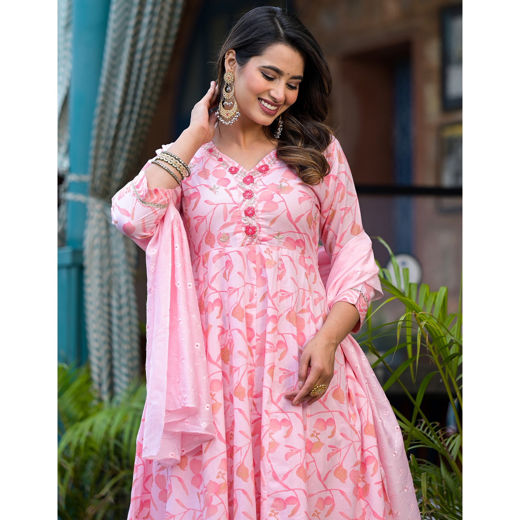 Peach Printed Pure Cotton A-Line Salwar Suit
