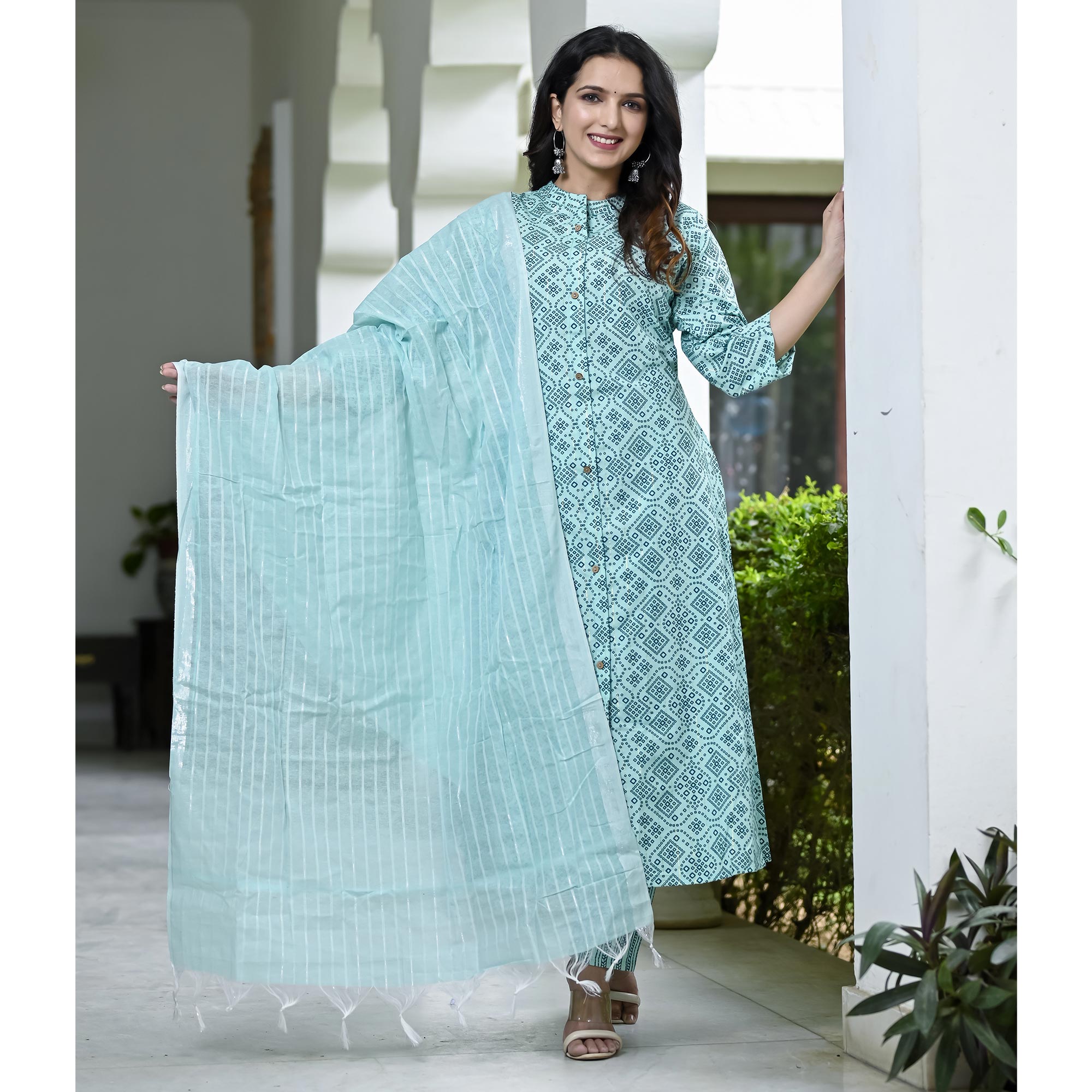 Turquoise Bandhani Printed Pure Cotton A Line Suit