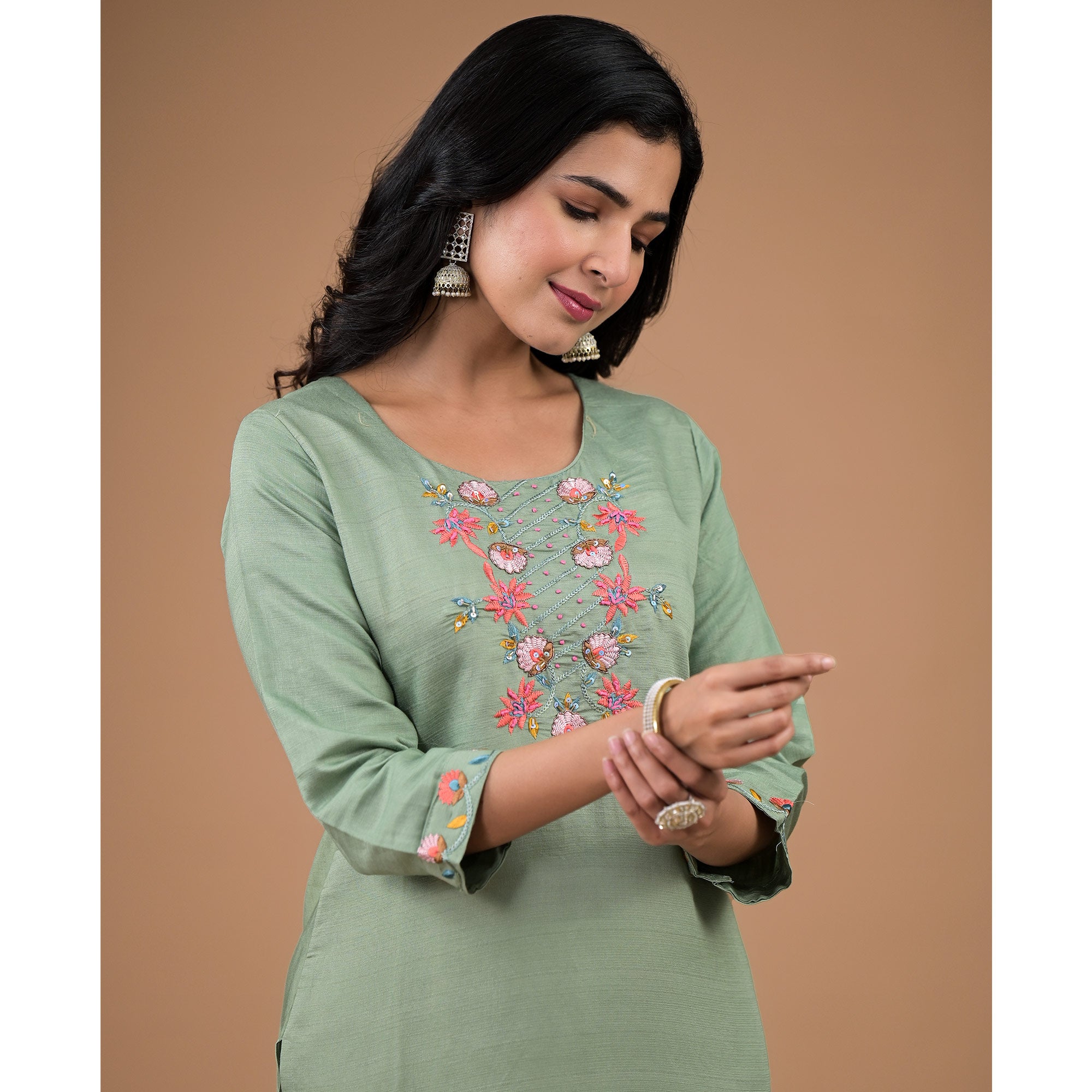 Mint Green Yoke Embroidered Viscose Straight Kurti