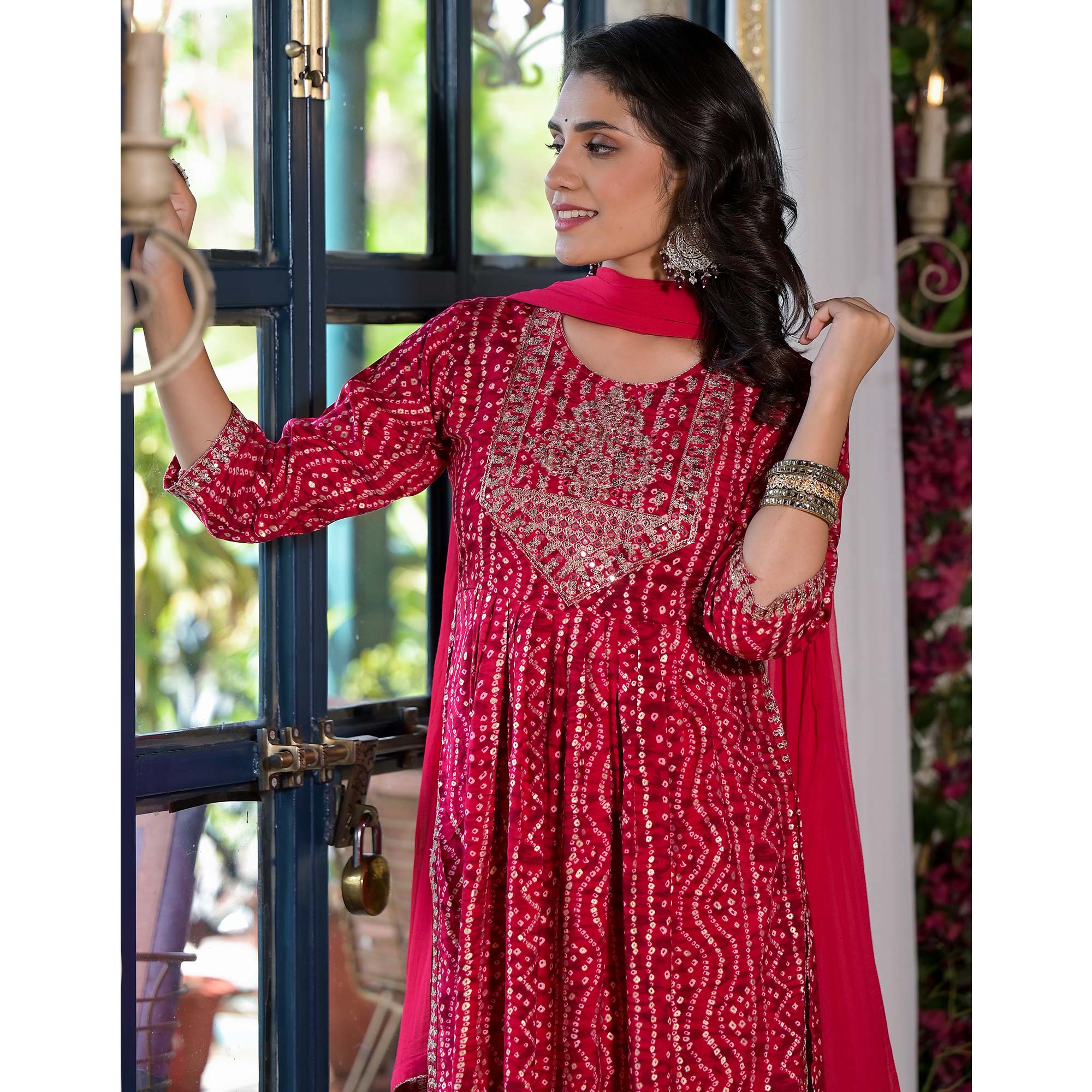 Pink Bandhani Printed Naira Cut Rayon Salwar Suit