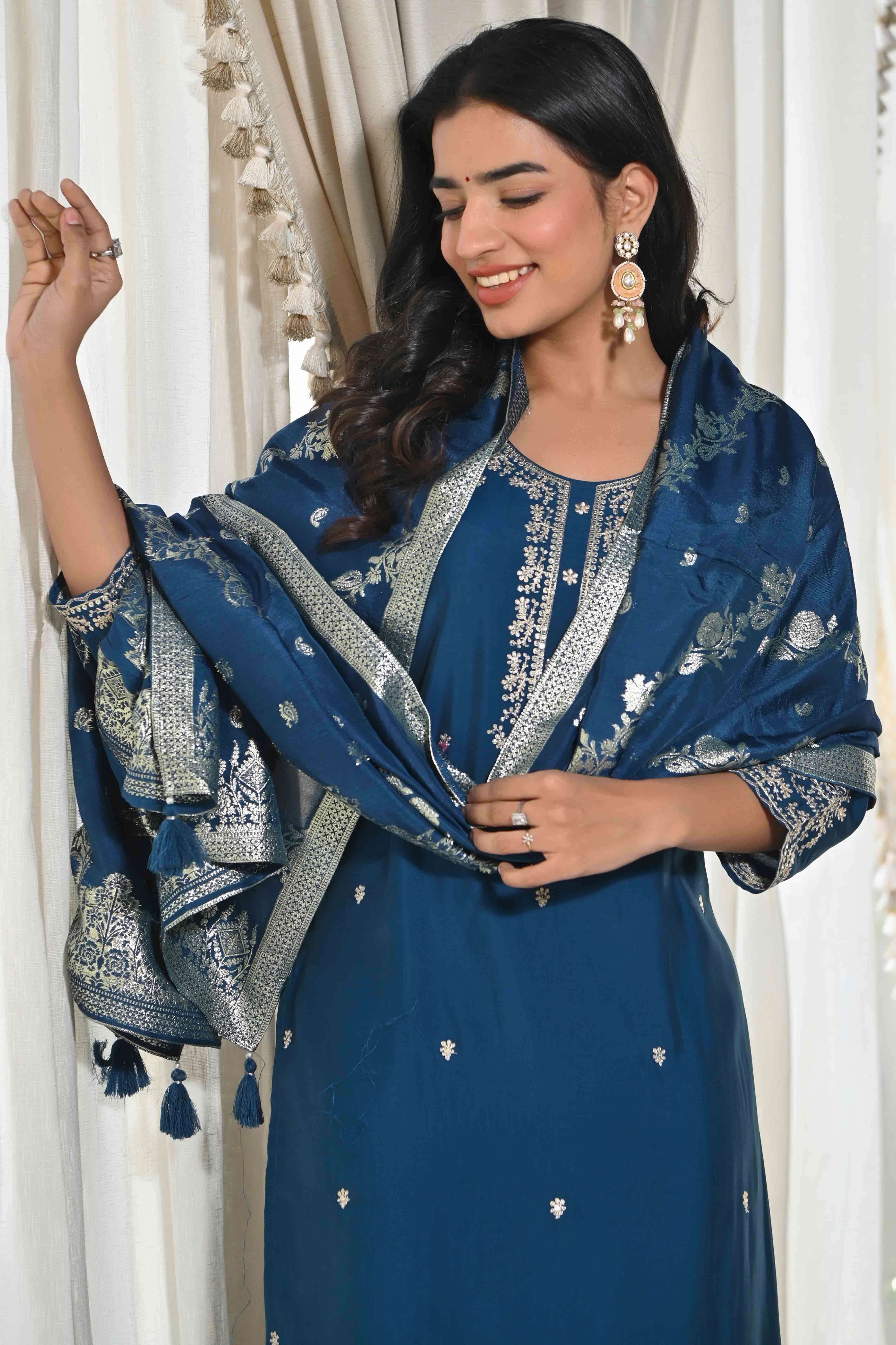 Blue Sequins Embroidered Chanderi Silk Salwar Suit