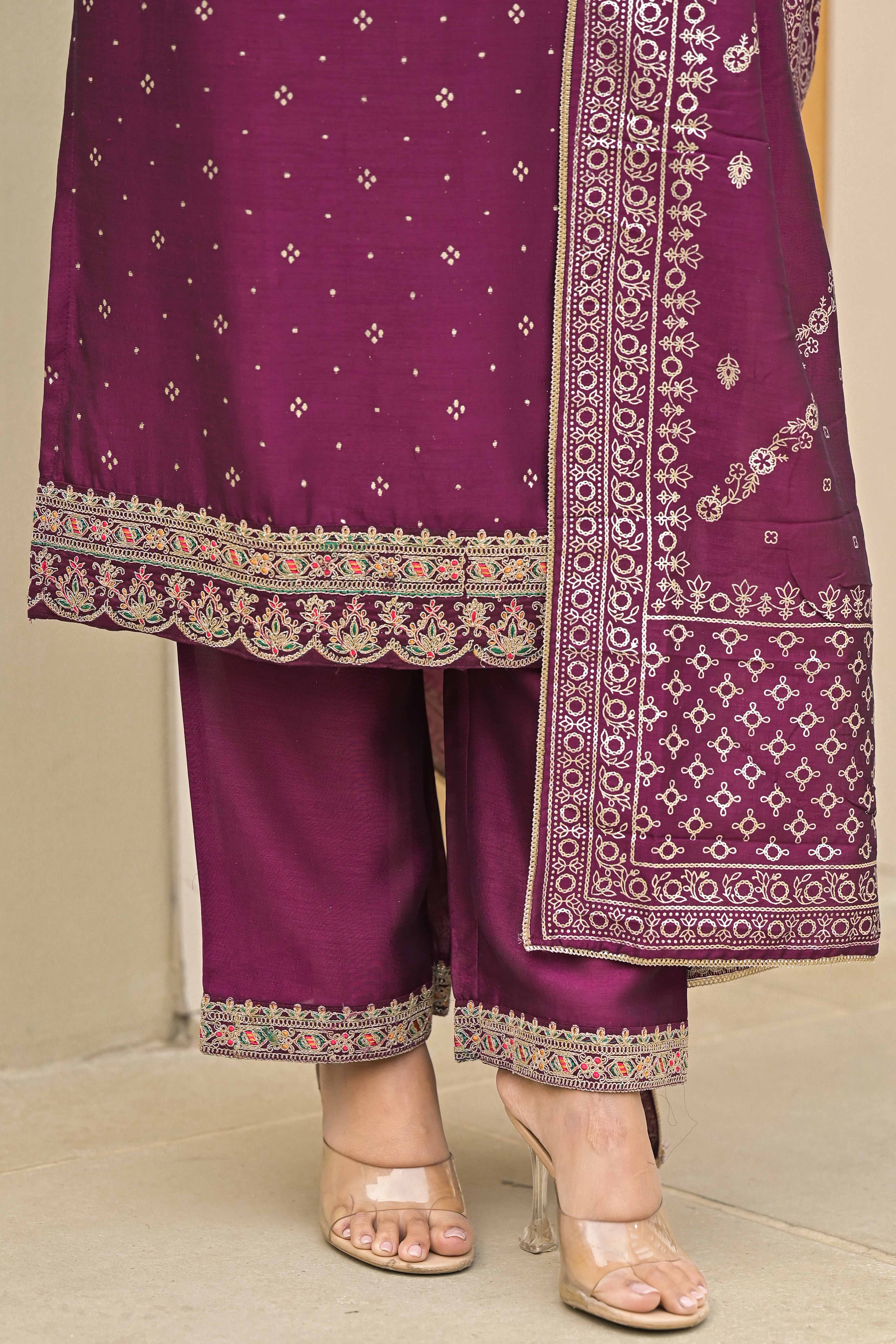 Dark Purple Golden Embroidered Vichitra Silk Salwar Suit