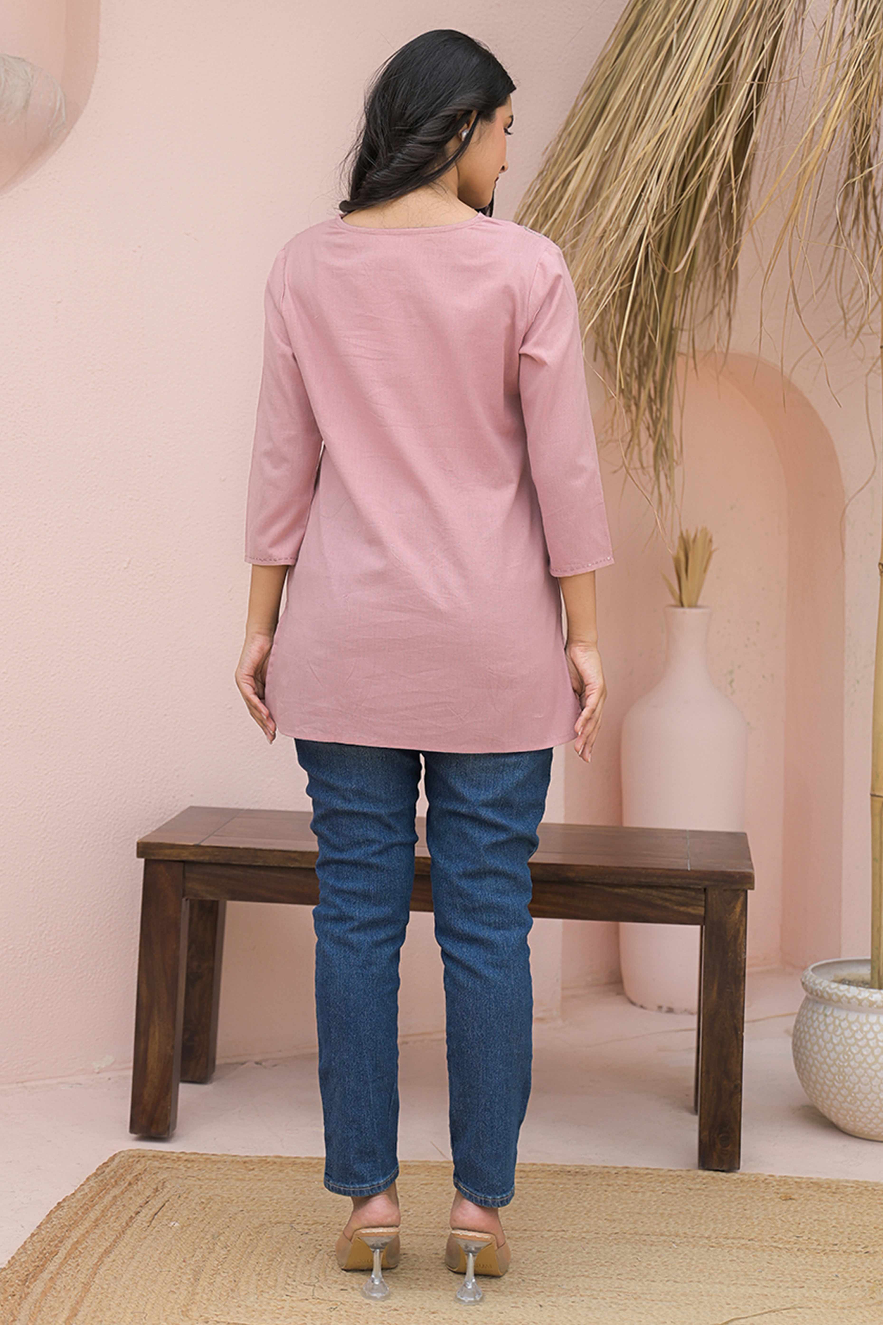 Peach Straight Fit Cotton Top with Intricate Floral Embroidery