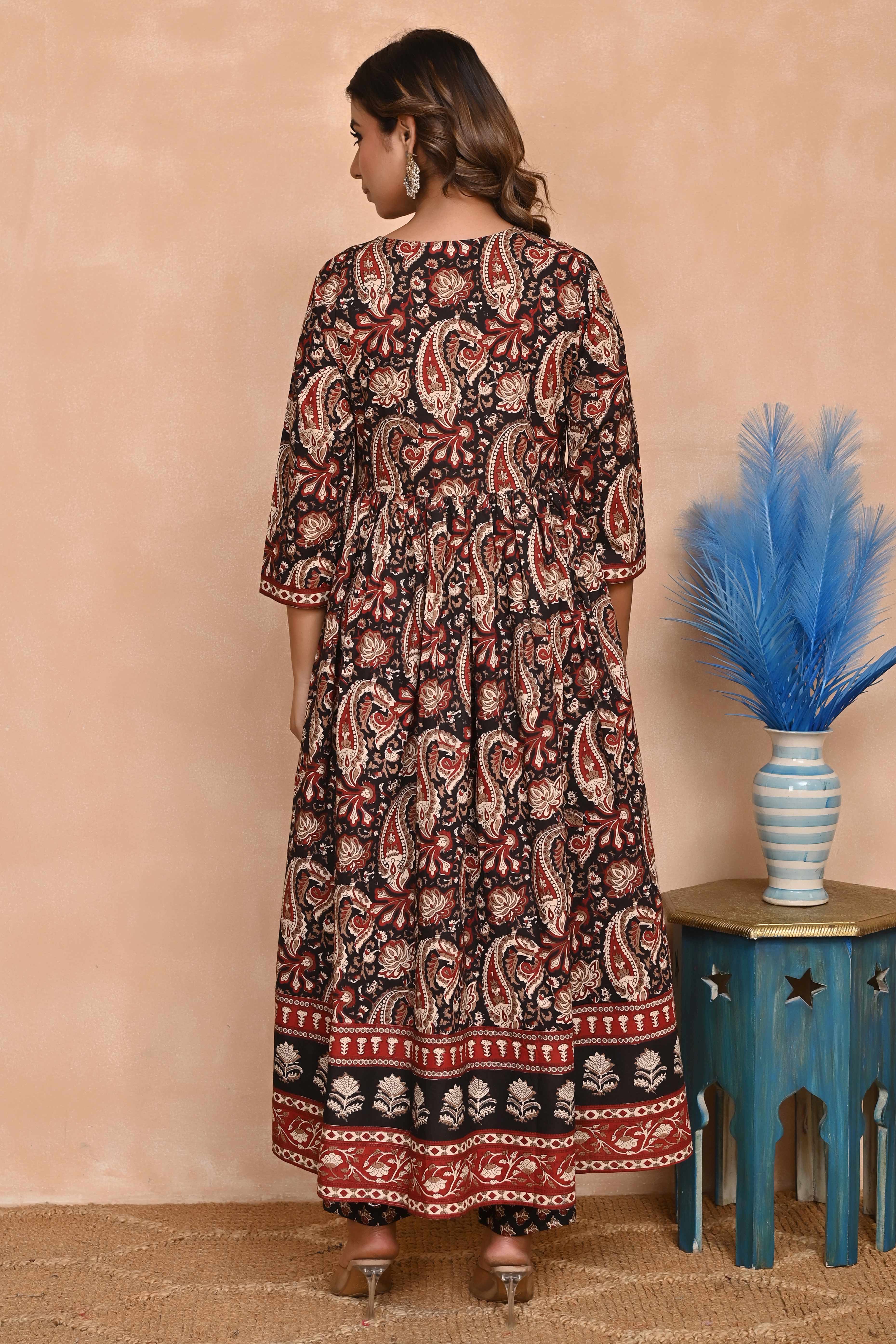 Regal Black Paisley Anarkali Suit in Breathable Cotton Fabric for Effortless Style