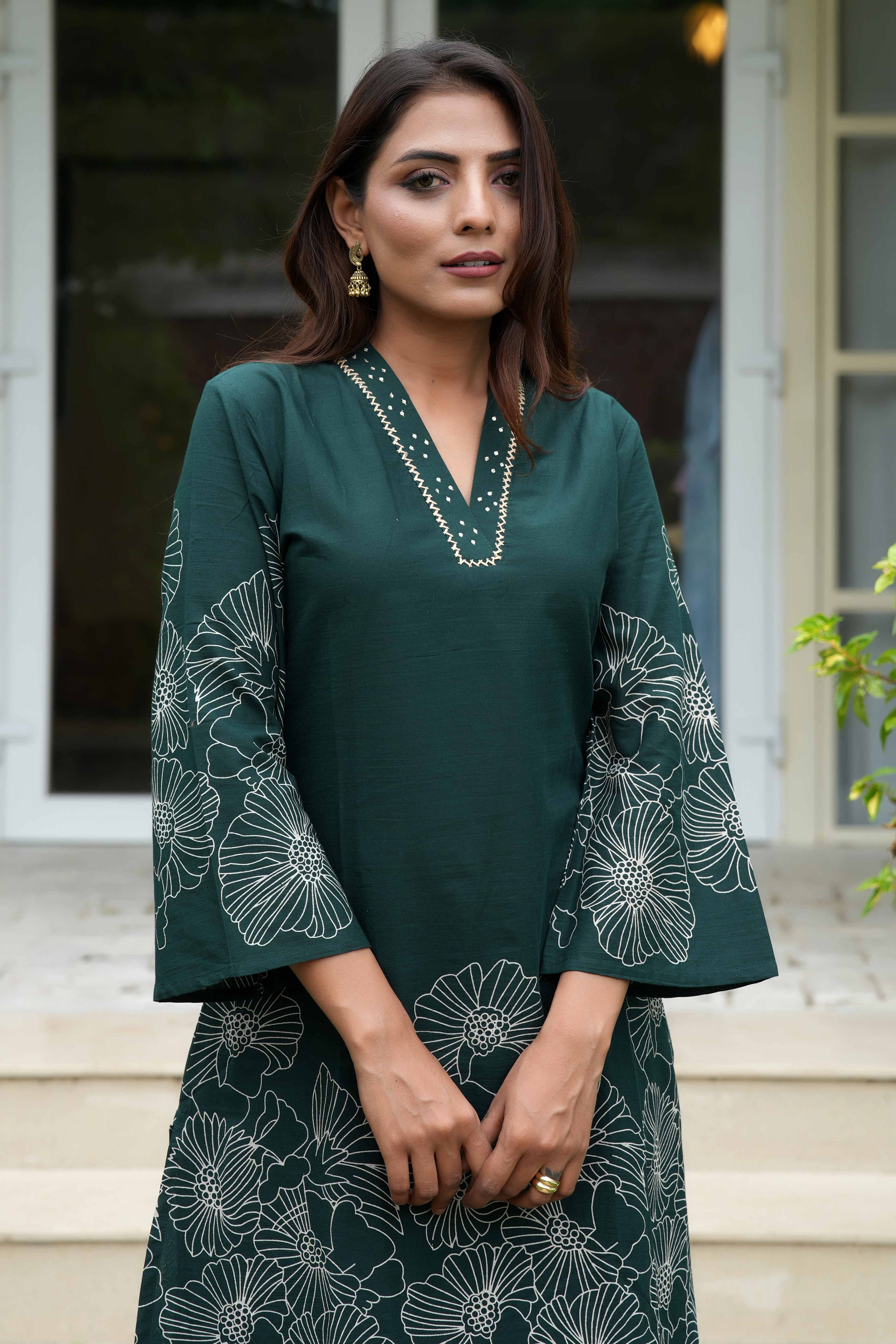 Stylish A-Line Cotton Co-Ord Set in Bottle Green with Floral Prints