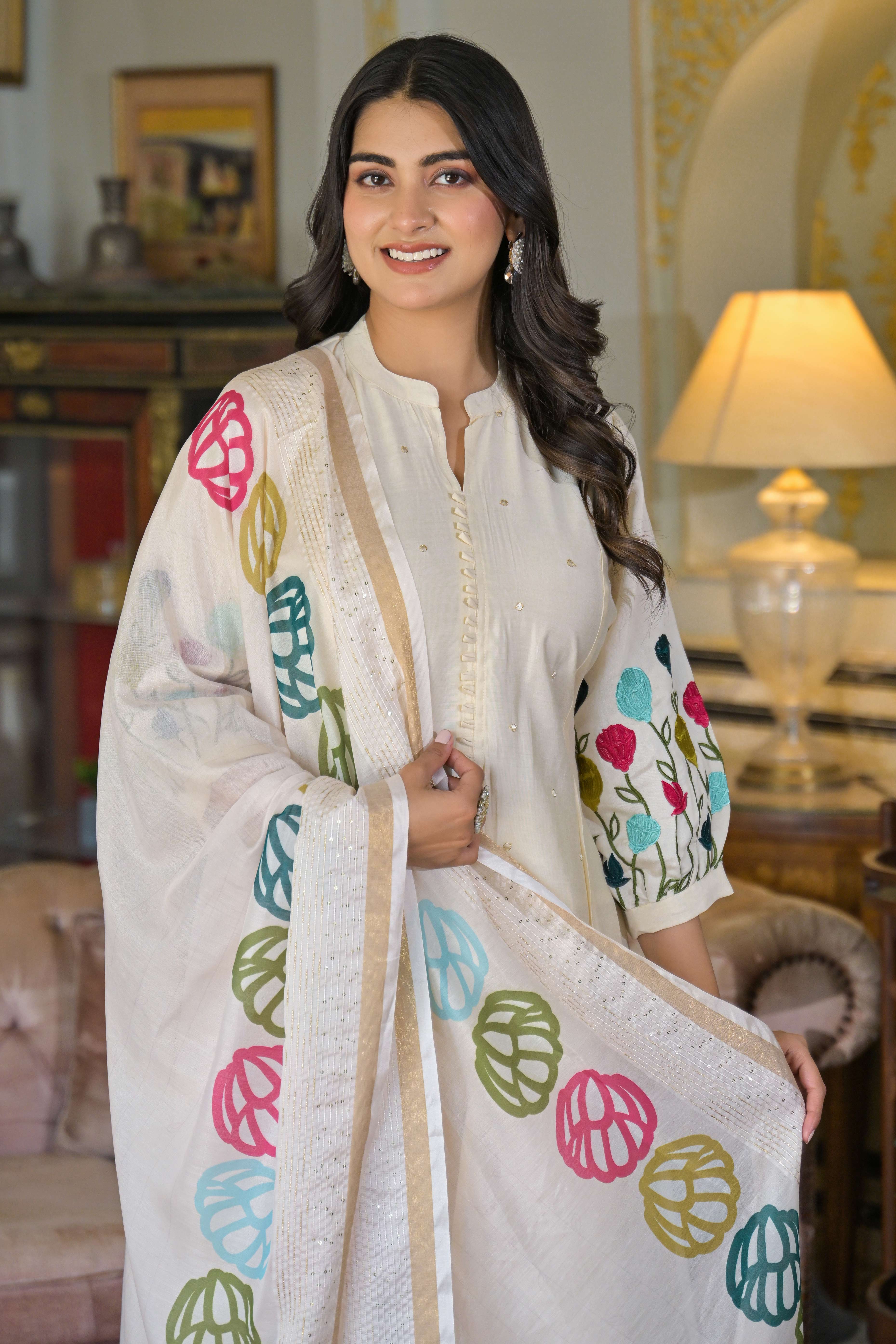 Cream Thread Embroidered Chanderi A-Line Salwar Suit