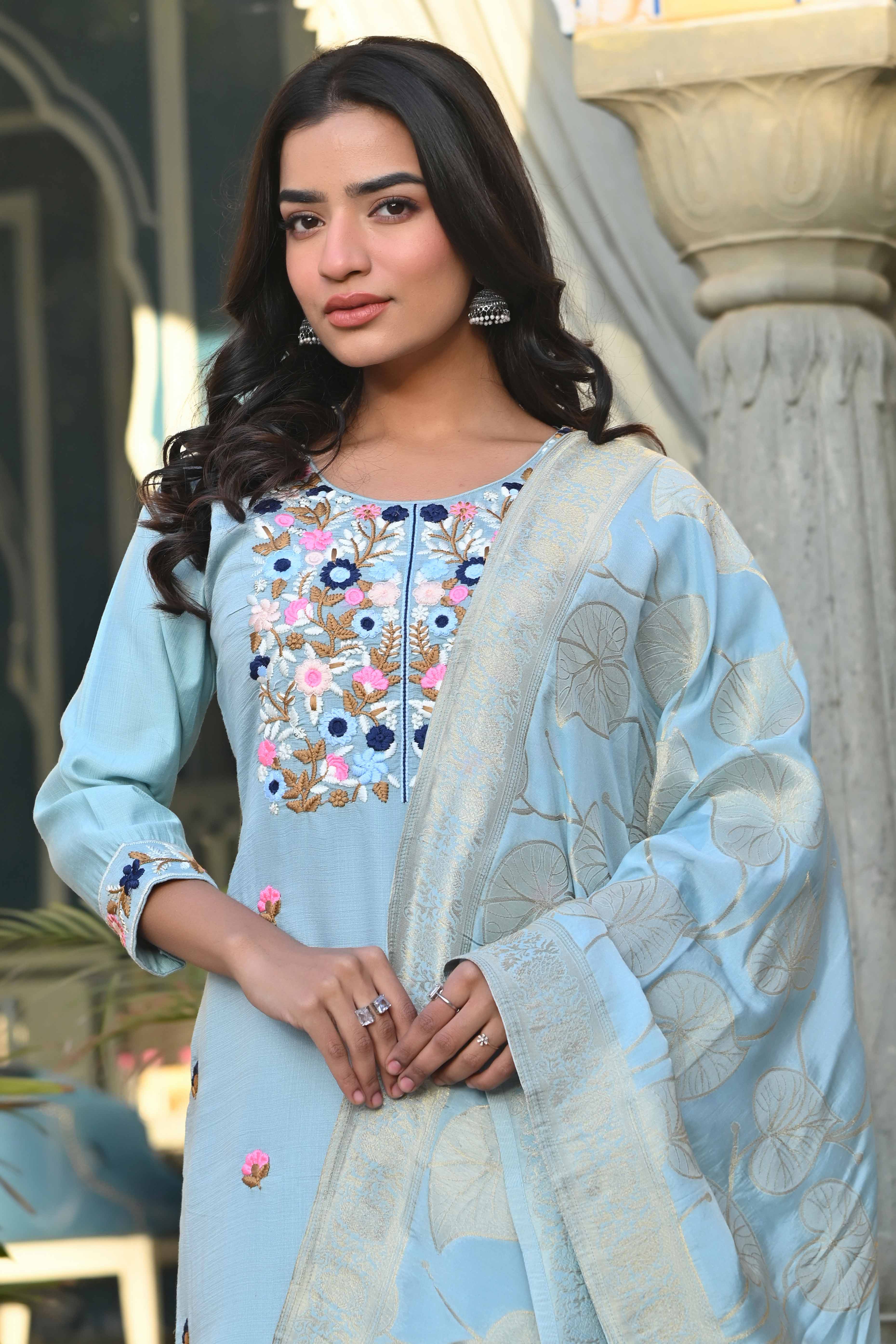 Grey Sequins Embroidered Viscose Salwar Suit