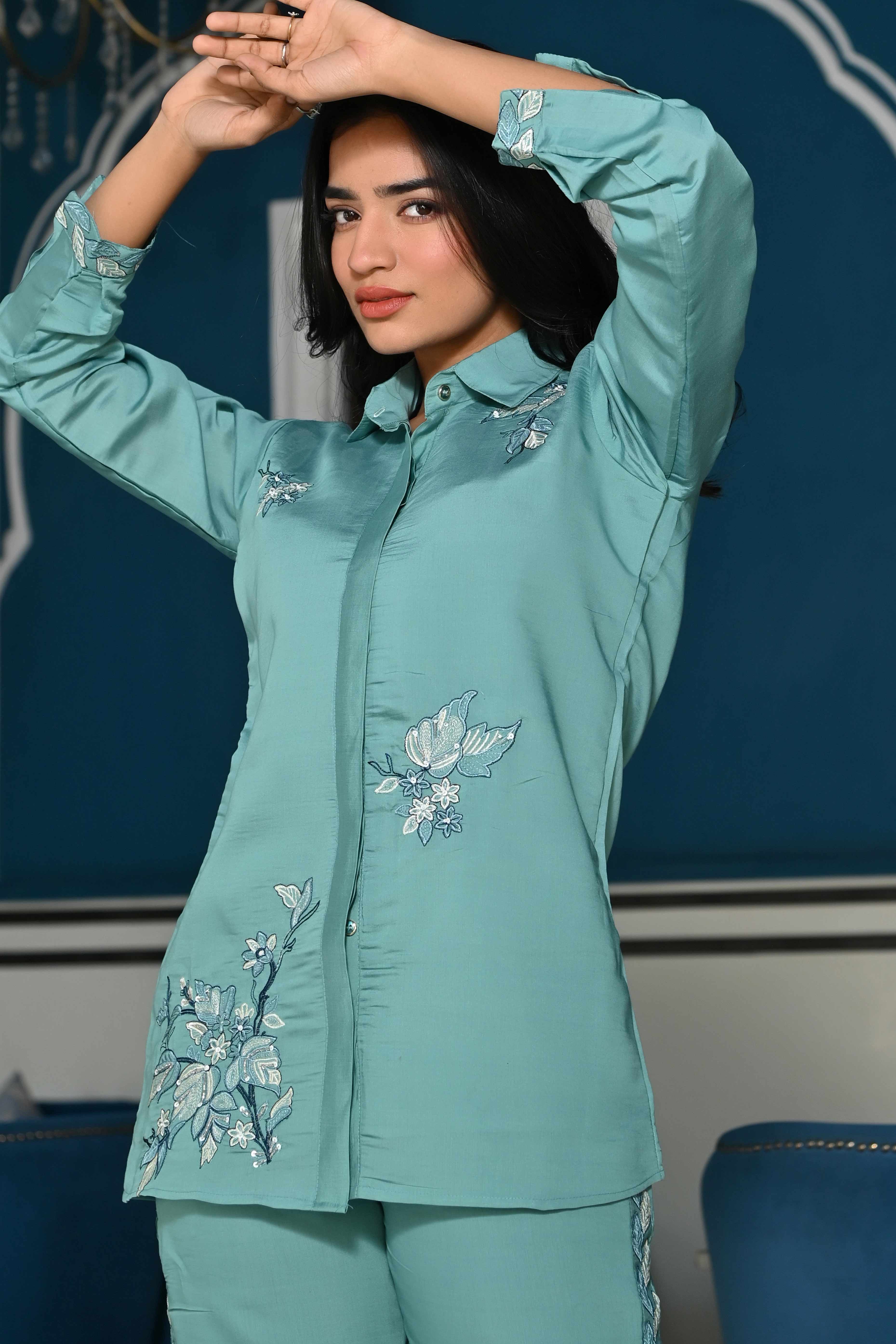 Sea Green Floral Hand Work Embroidered Chanderi Co-Ord Set