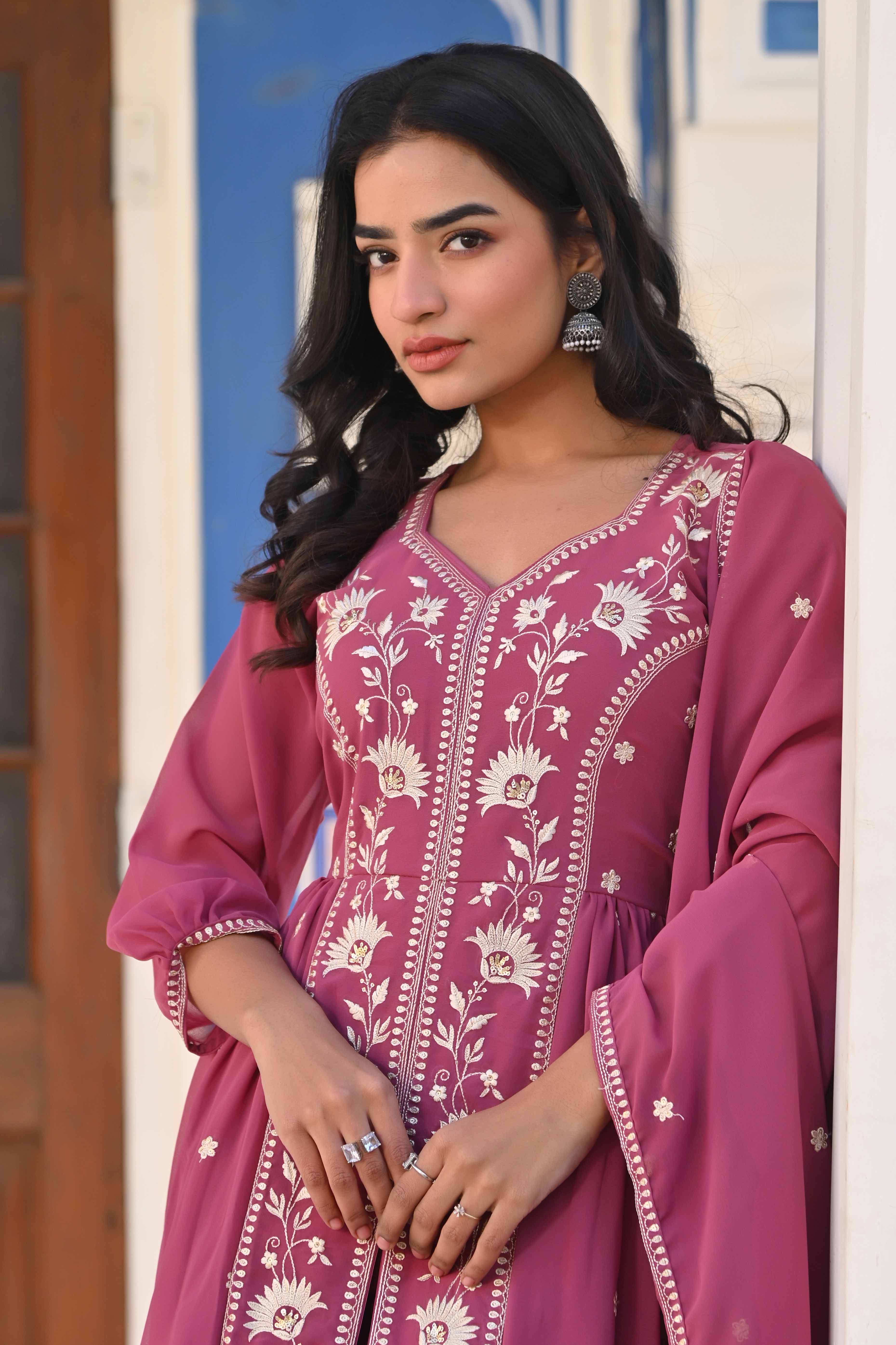 Mauve Floral Embroidered Georgette Front Slit Salwar Suit