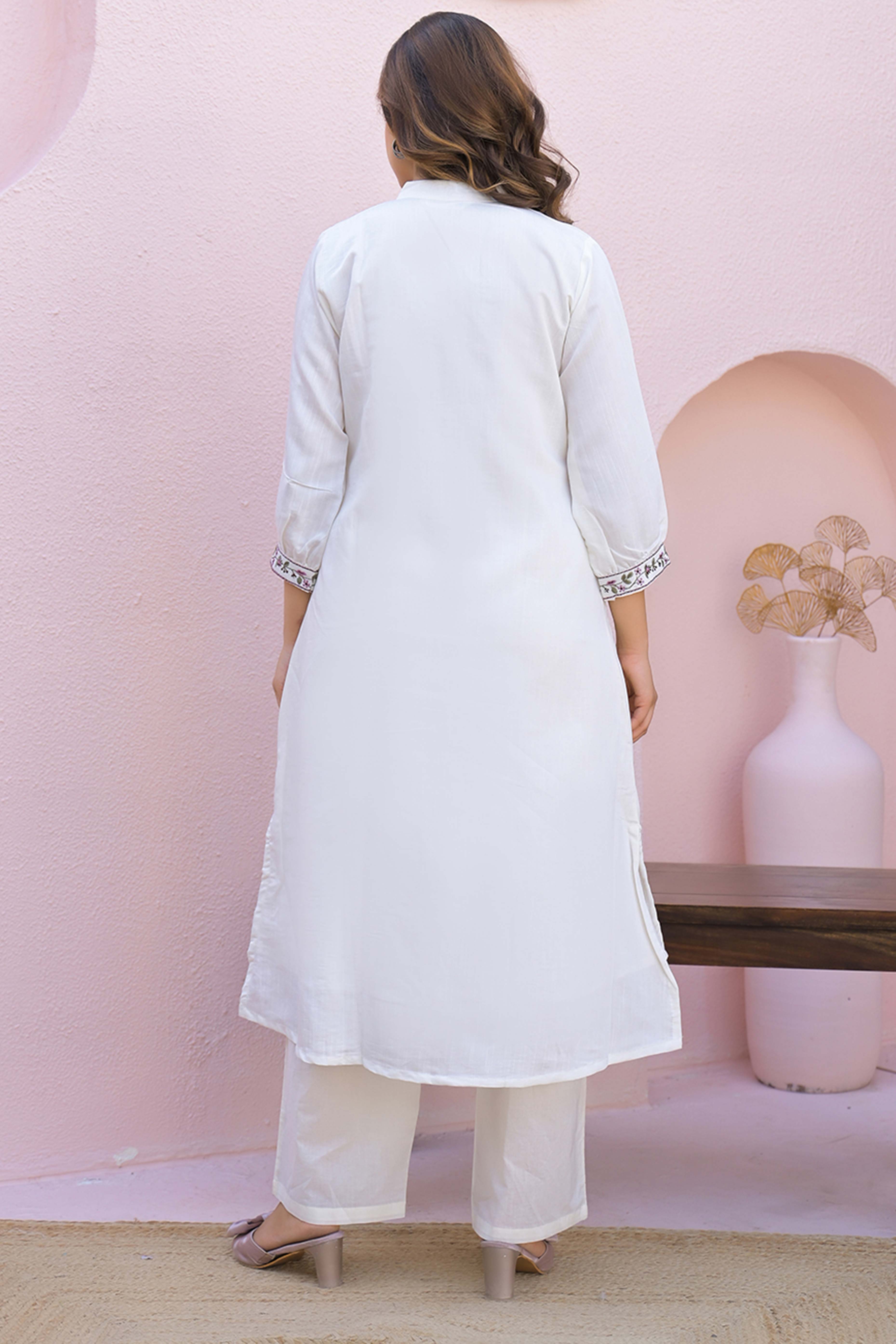 White Viscose Mango Silk A-Line Kurti with Floral Embroidery On Neck
