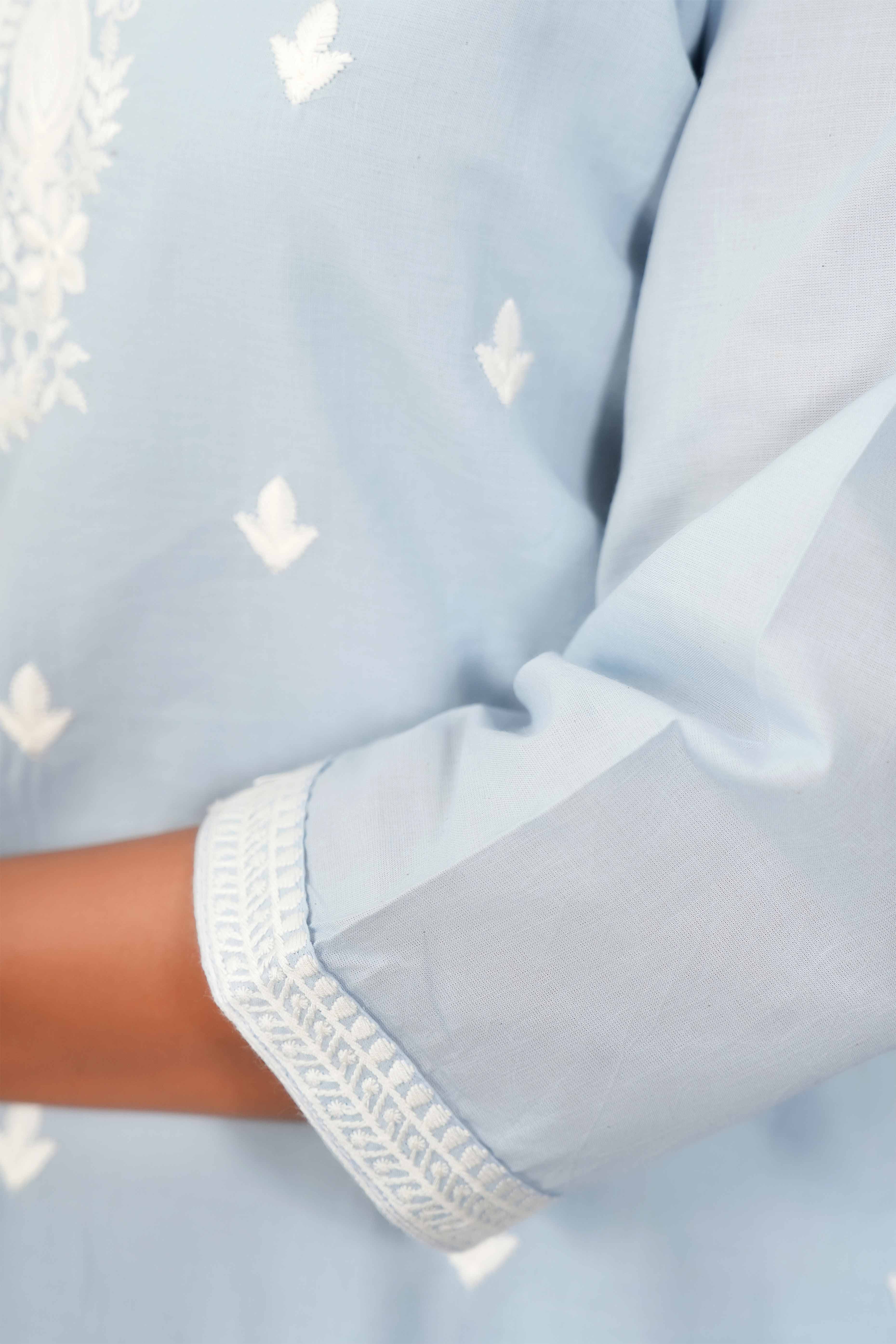 Powder Blue Cotton Suit Set Featuring Exquisite Motif Stitch Work