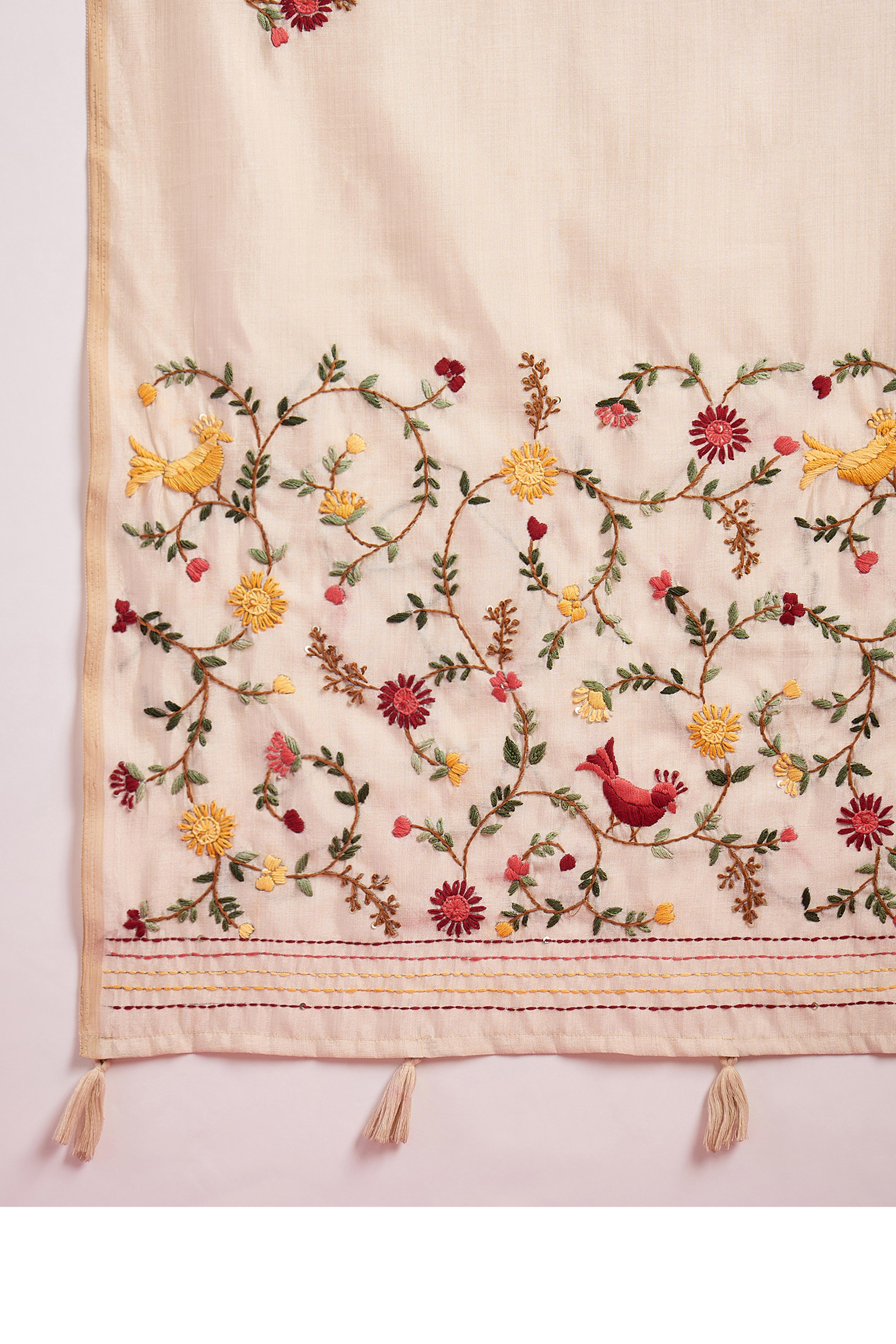 Cream Thread Embroidered Tussar Silk Saree for Traditional Occasions