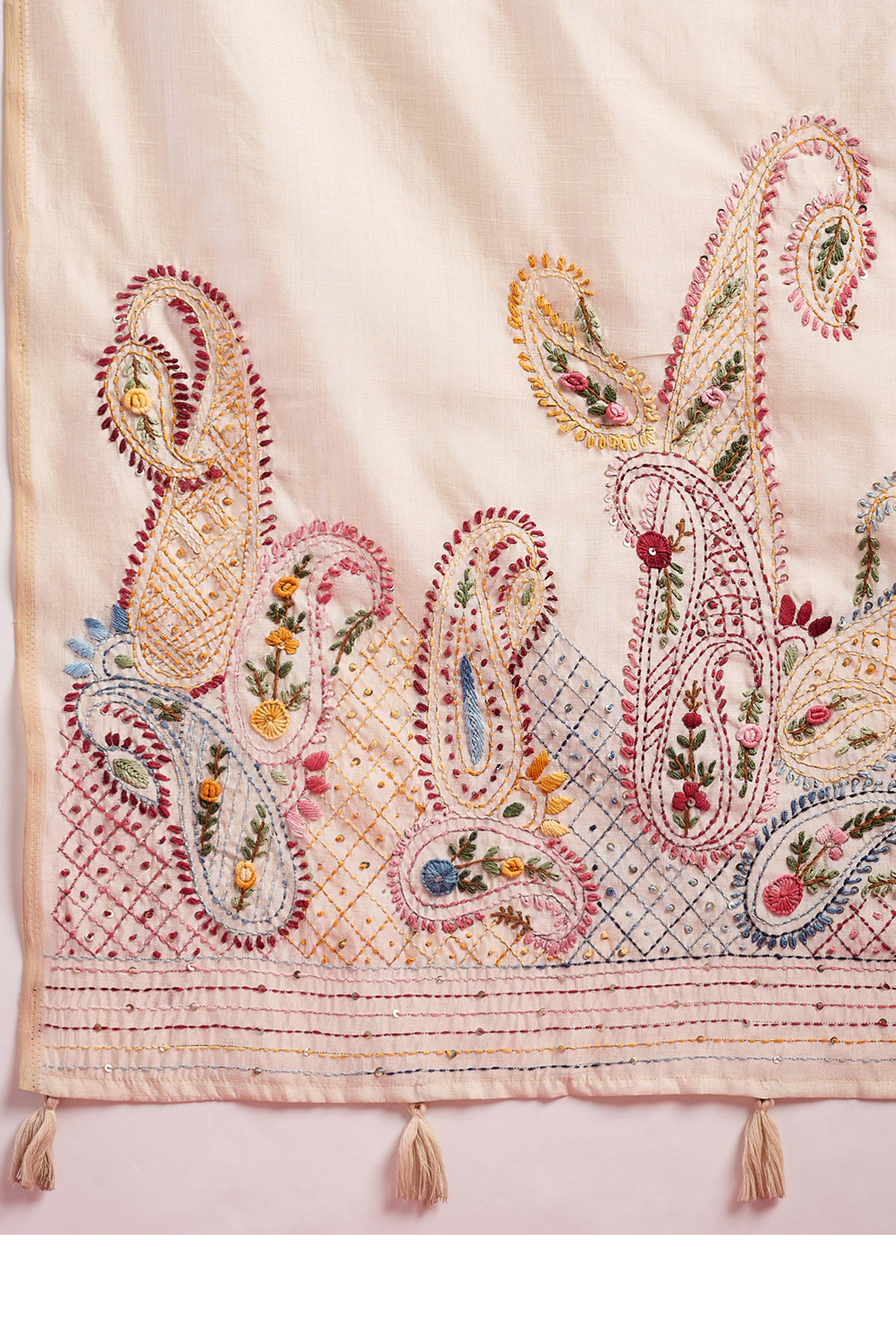 Cream Thread Work Embroidered Tussar Silk Saree for Elegant Festive Wear