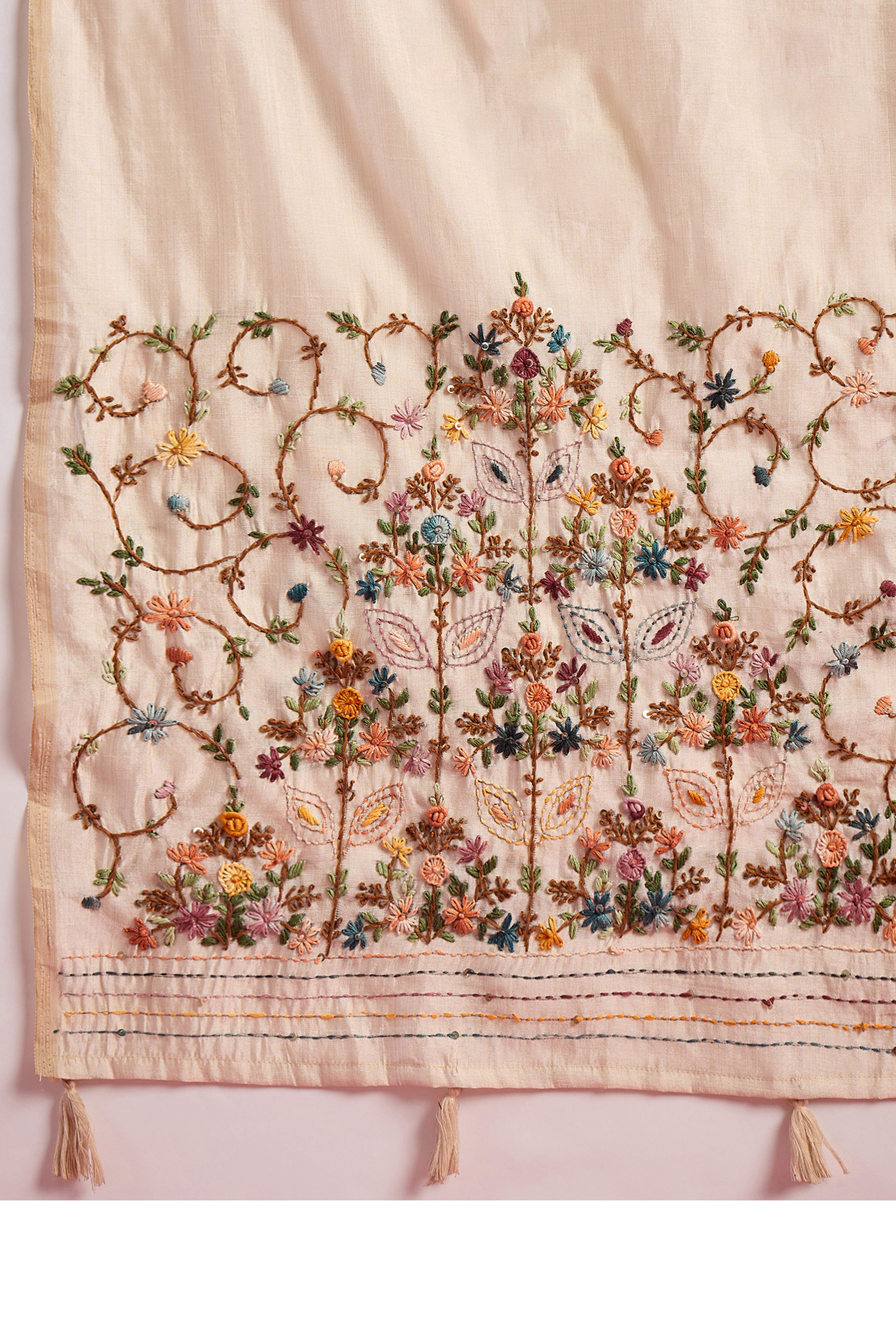 Sophisticated Cream Thread Embroidered Tussar Silk Saree for Special Occasions