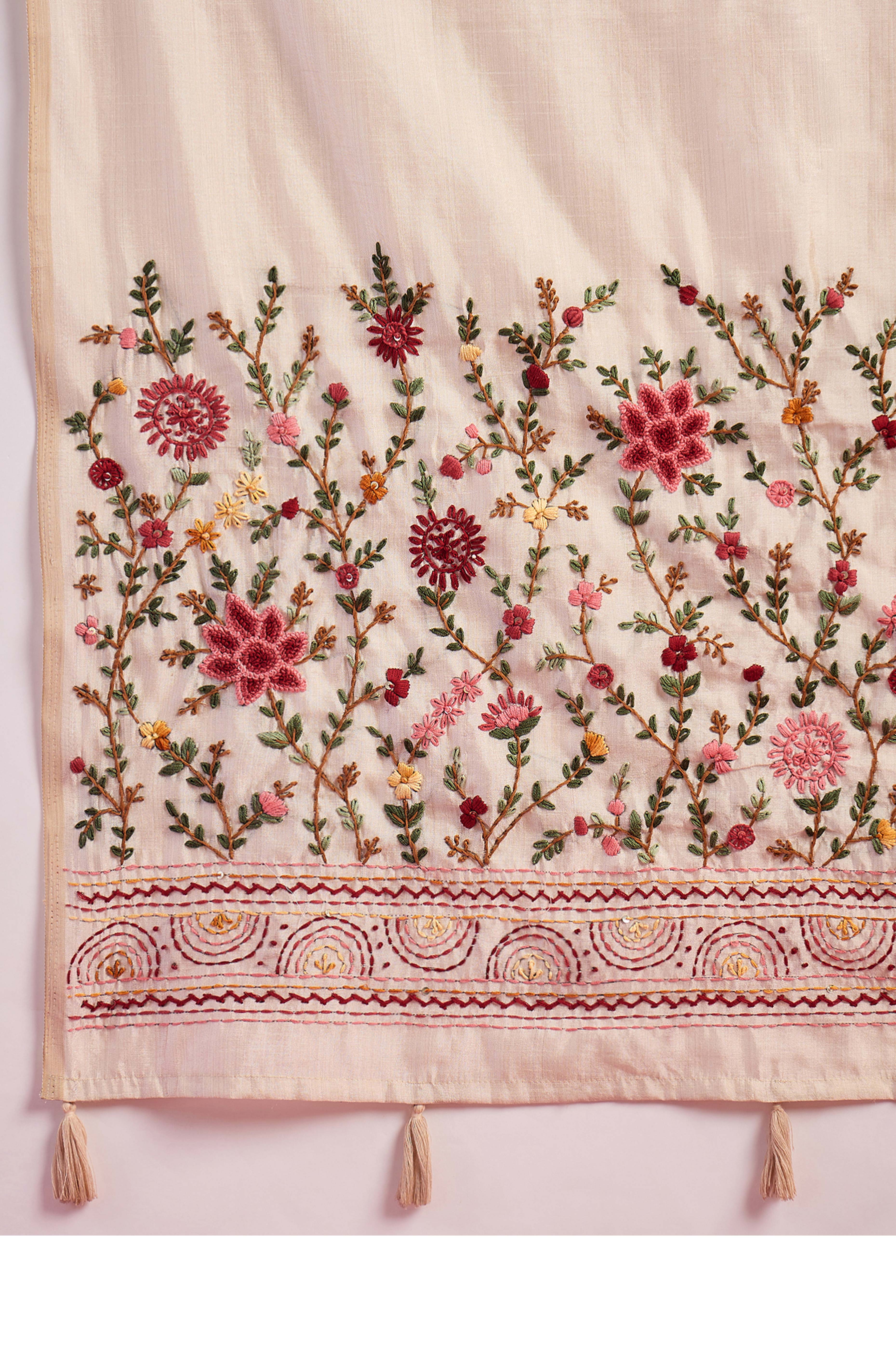 Cream Thread Work Embroidered Tussar Silk Saree with Rich Style