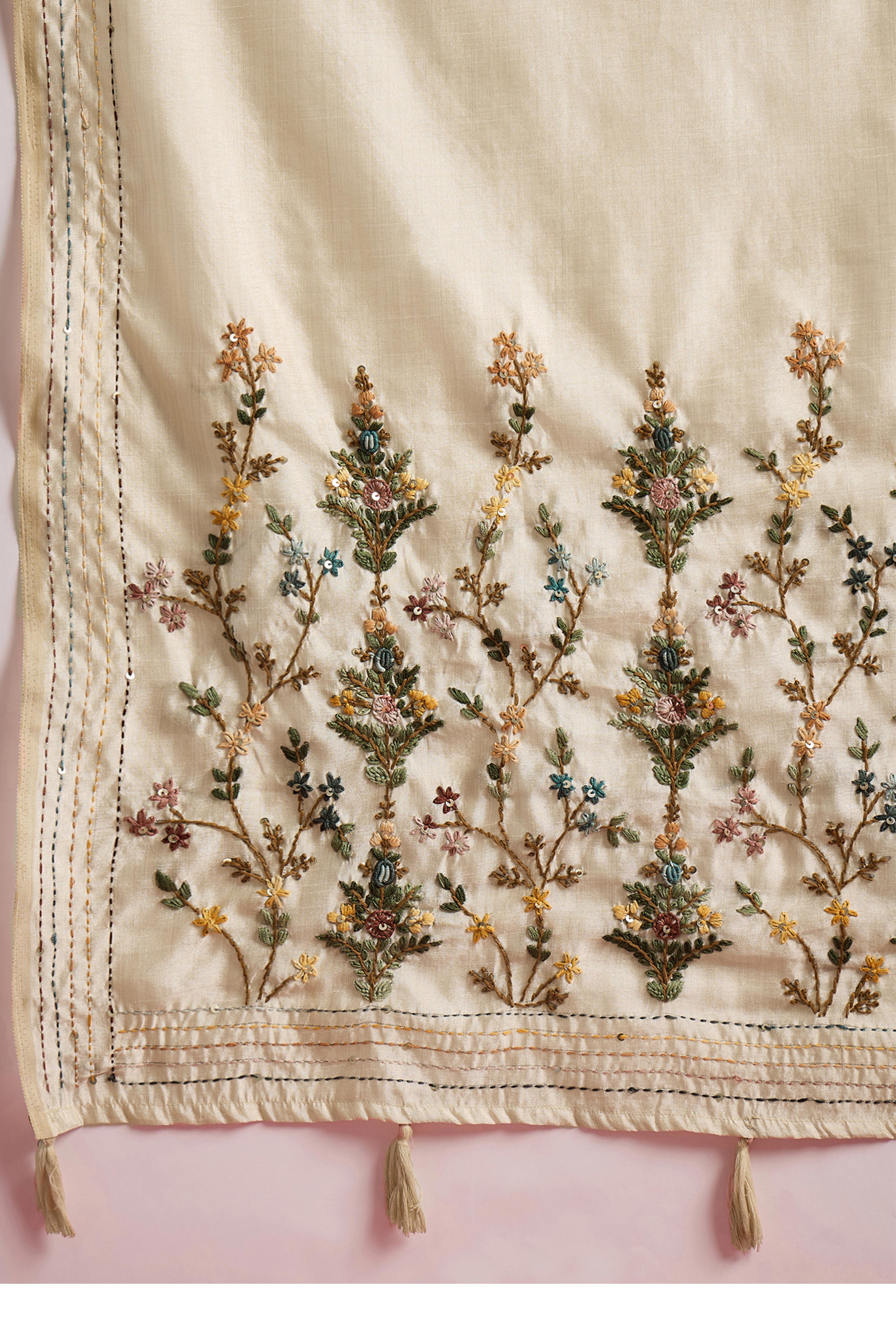 Cream Thread Work Embroidered Tussar Silk Saree with Rich Texture