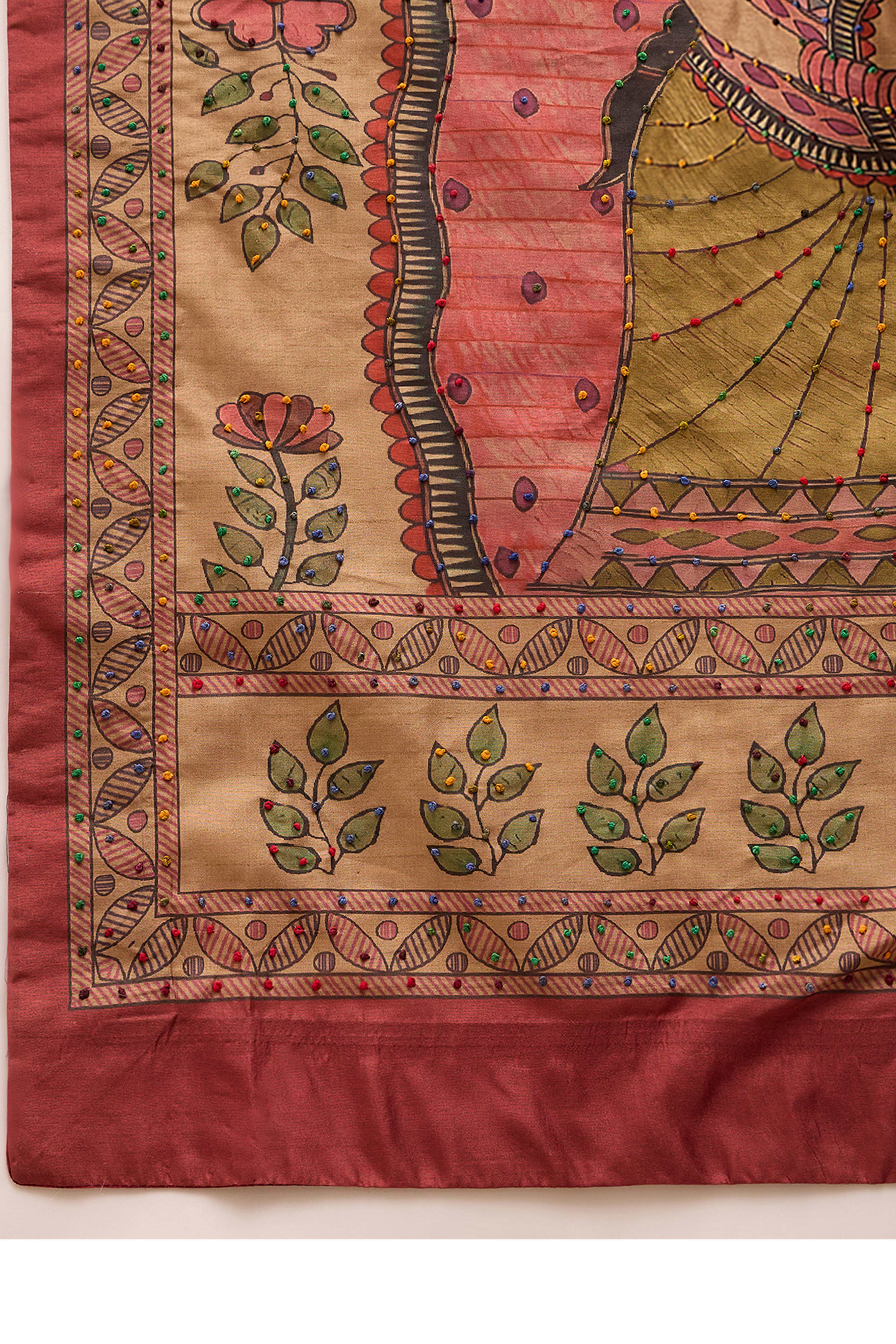 Beige Kalamkari Style Cotton Silk Saree Flowy Drape Knot Tassels Festive Wear