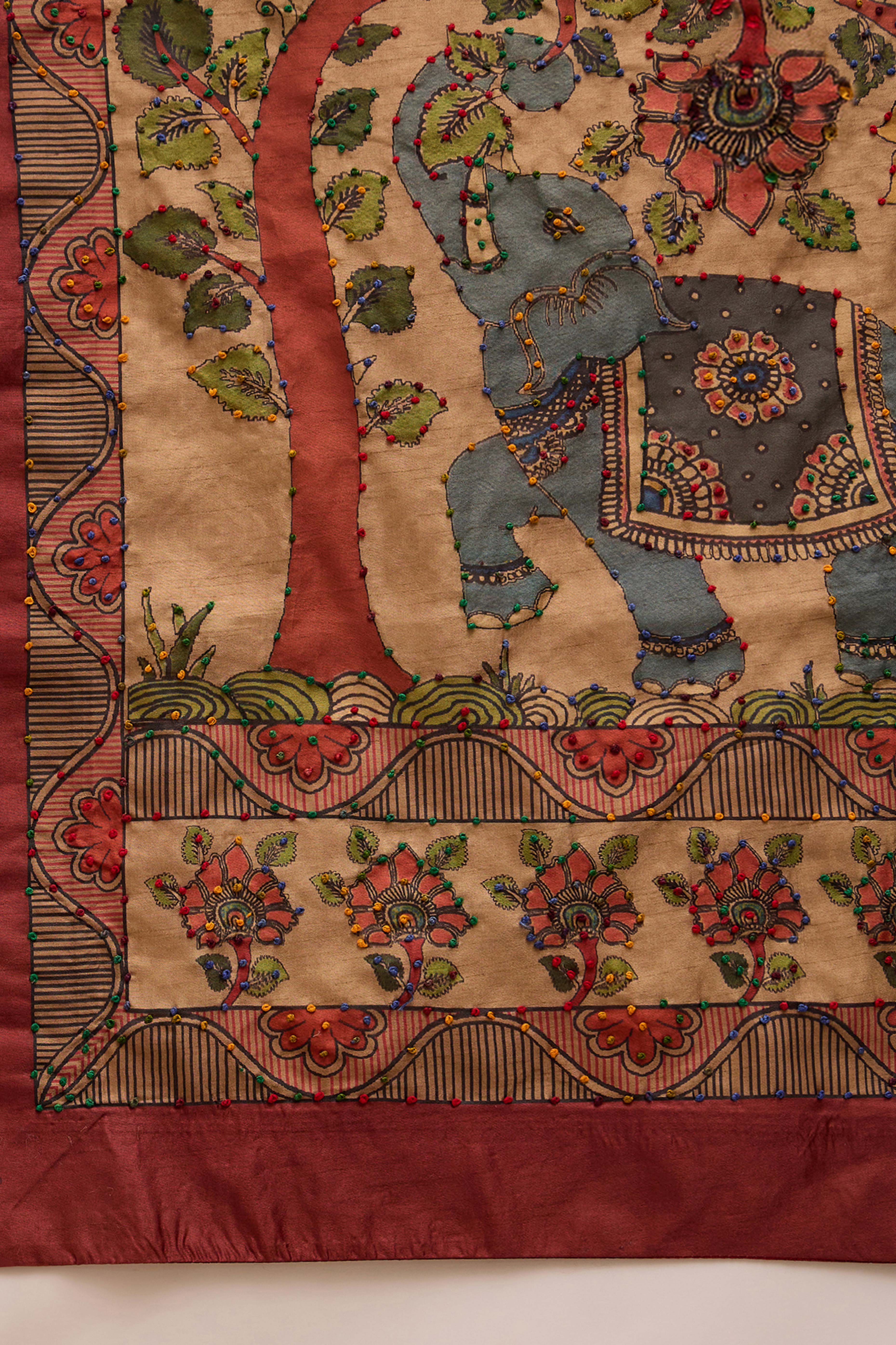 Beige Kalamkari Style Cotton Silk Saree Handcrafted Knot Work Border Ethnic Sophistication