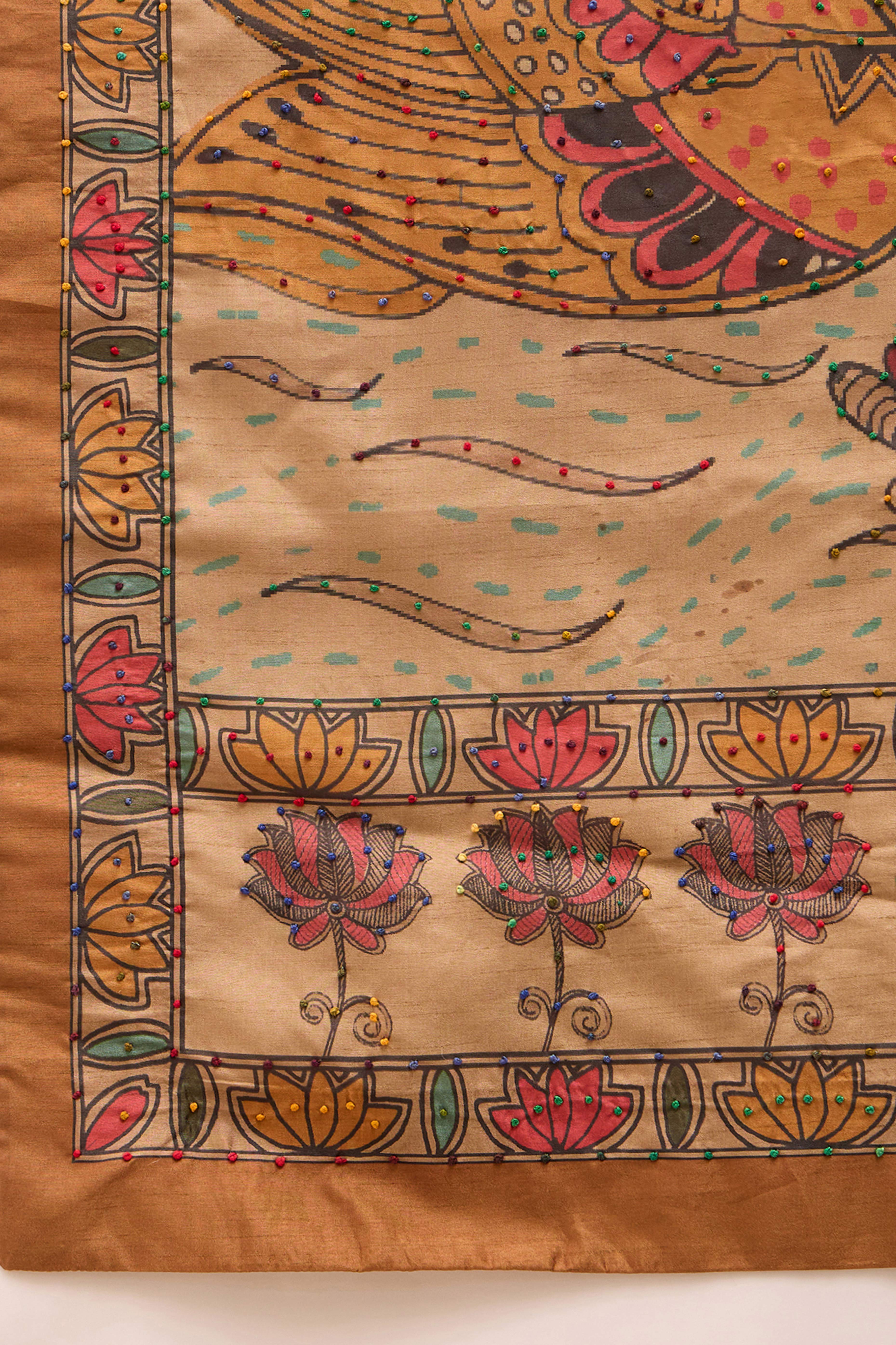 Beige Kalamkari Inspired Printed Cotton Silk Saree Intricate Knot Work Ethnic Artistry