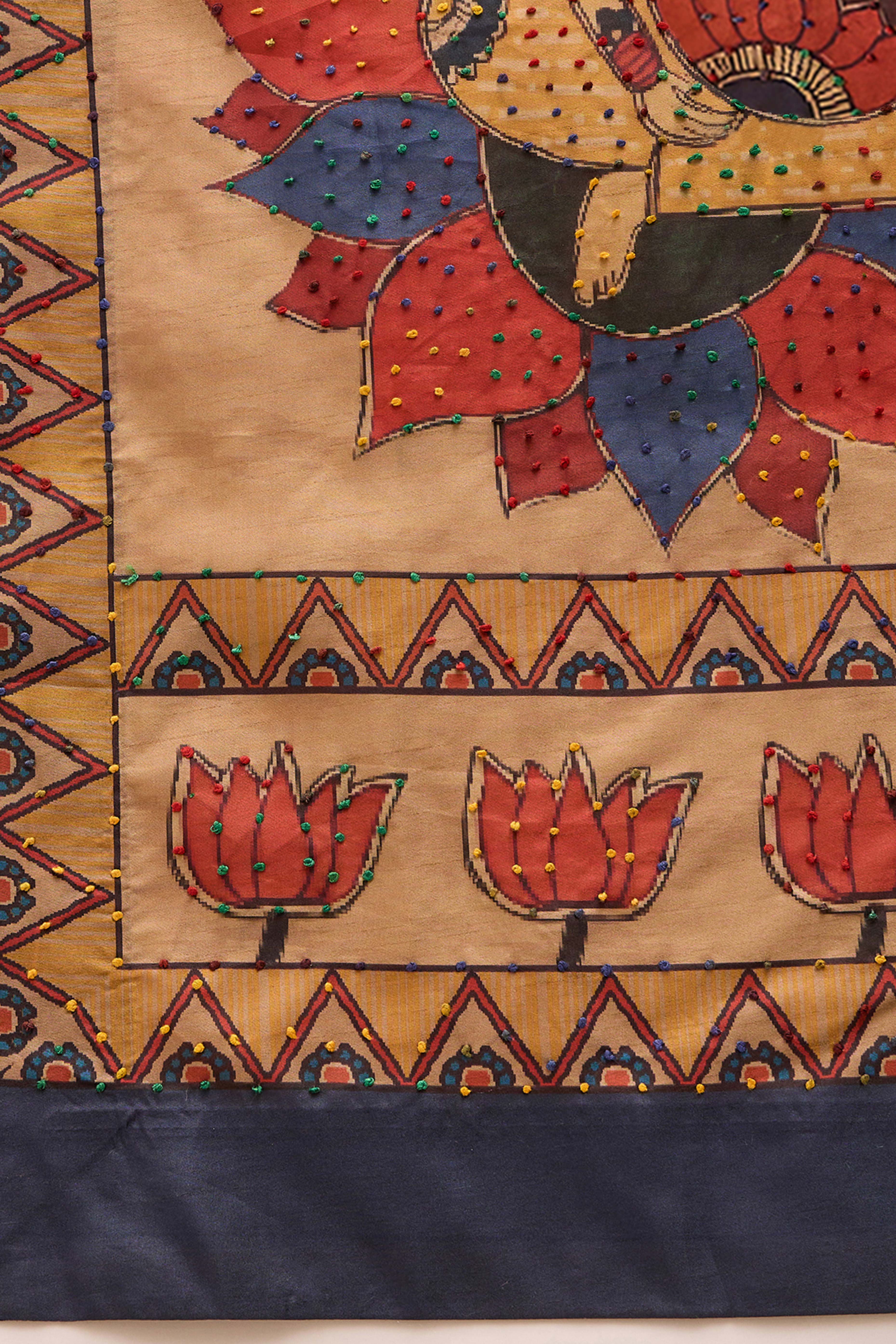 Beige Printed Kalamkari Cotton Silk Saree Exquisite Knot Work Detailing Ethnic Charm