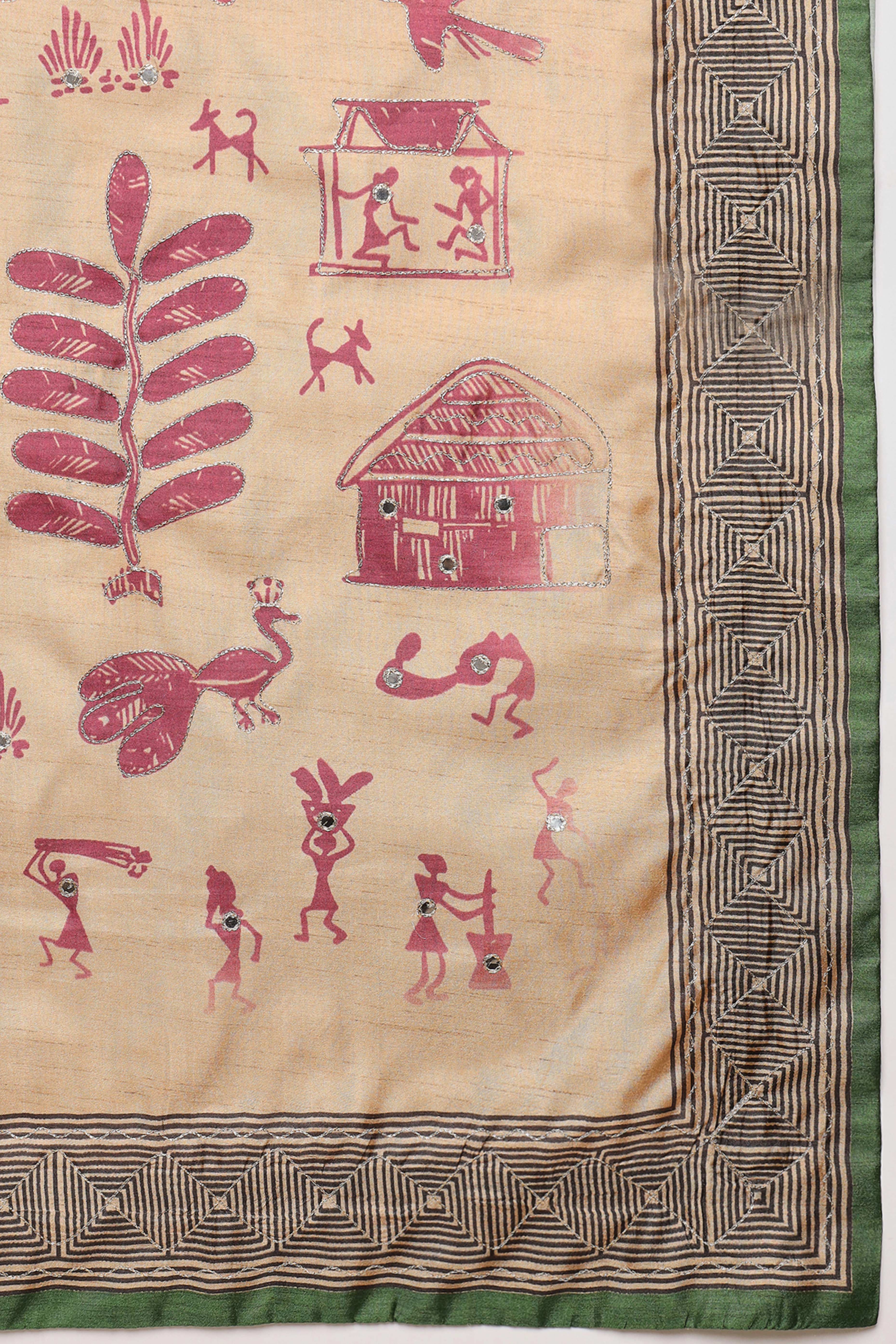 Green Warli Folk Art Printed Cotton Silk Saree Flowy Drape Festive Wear