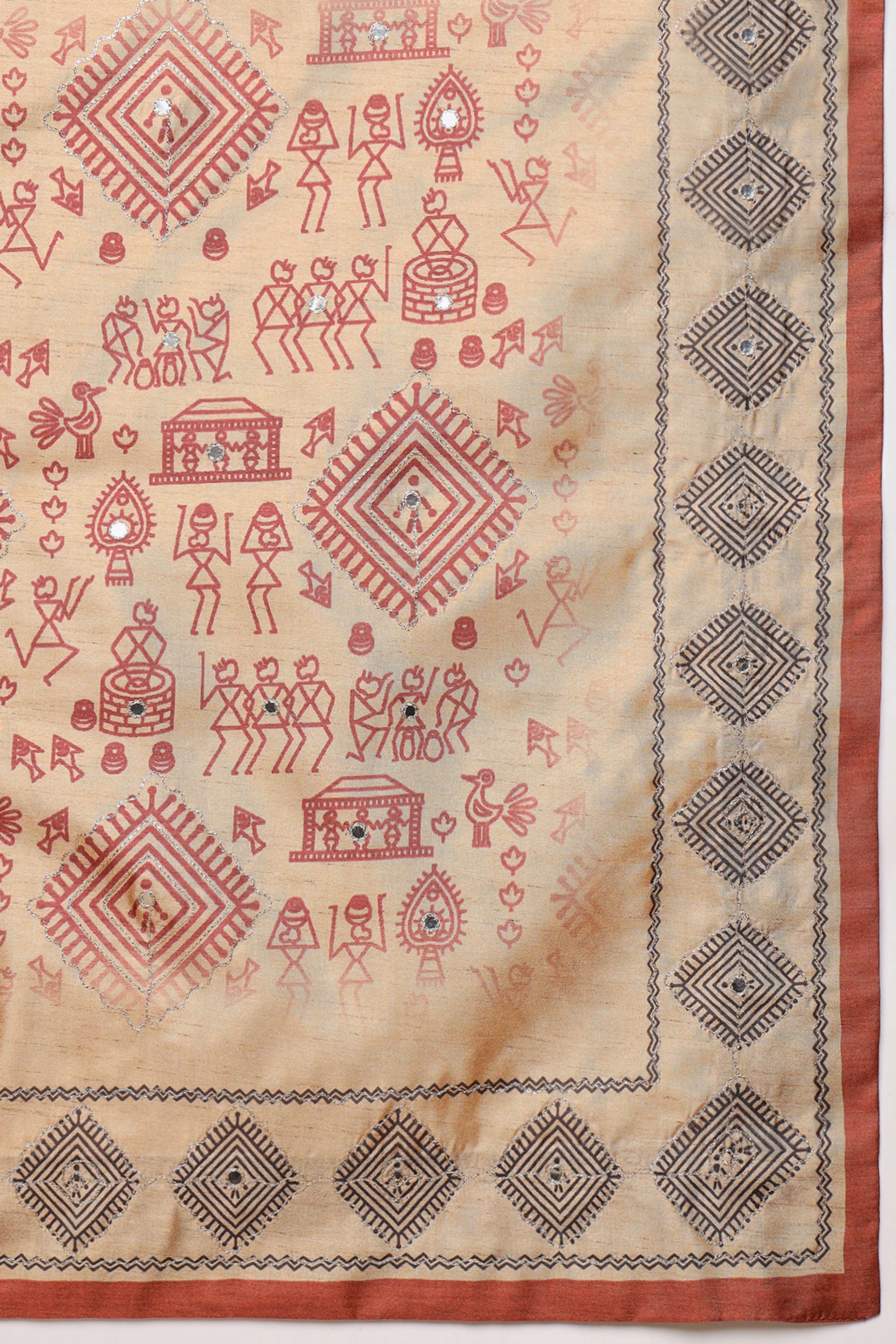 Rust Warli Folk Art Printed Cotton Silk Saree Flowy Drape Festive Wear