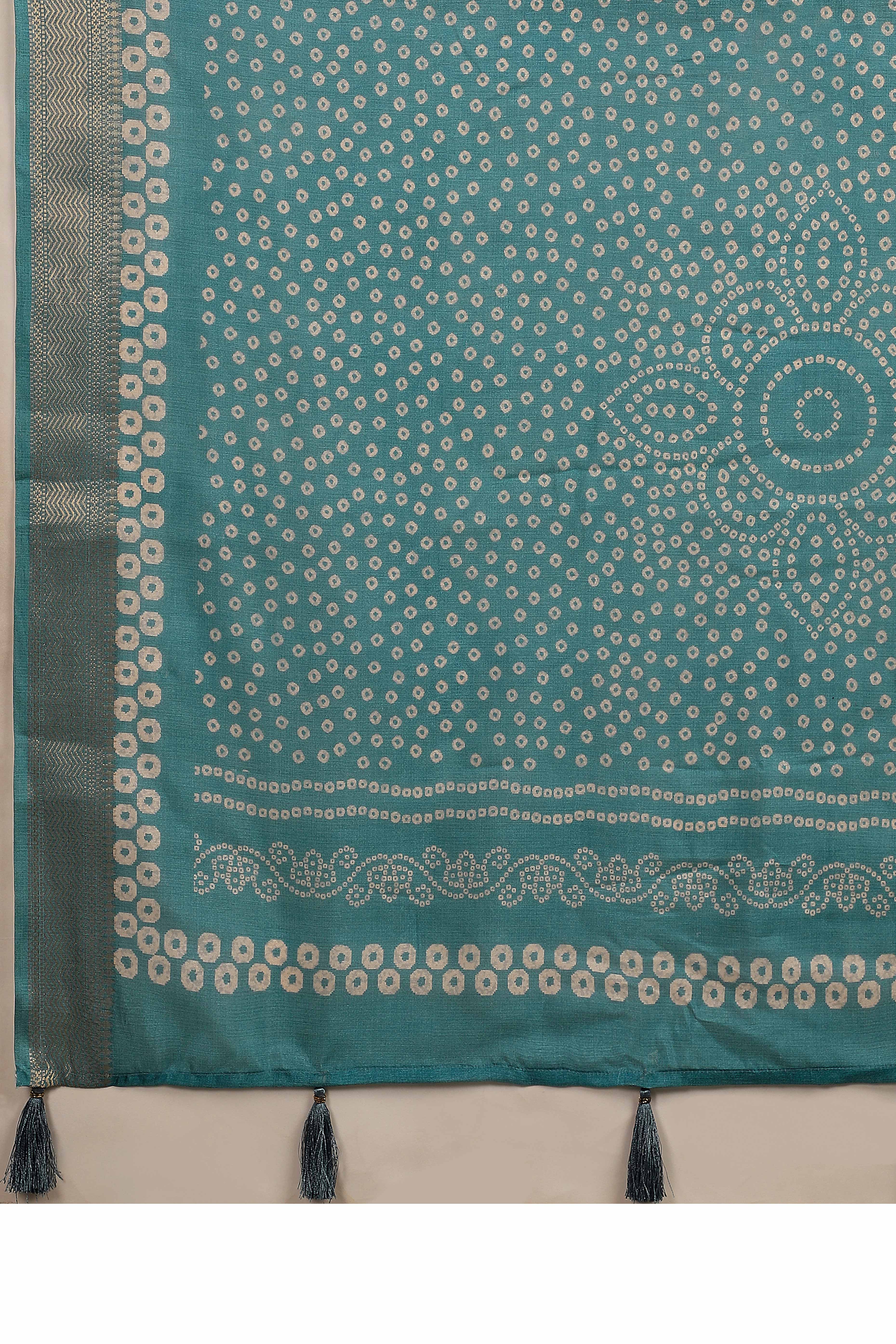 Luxury Pink & Teal Bandhani Print Cotton Silk Saree Featuring Weaving Border & Tassel Pallu