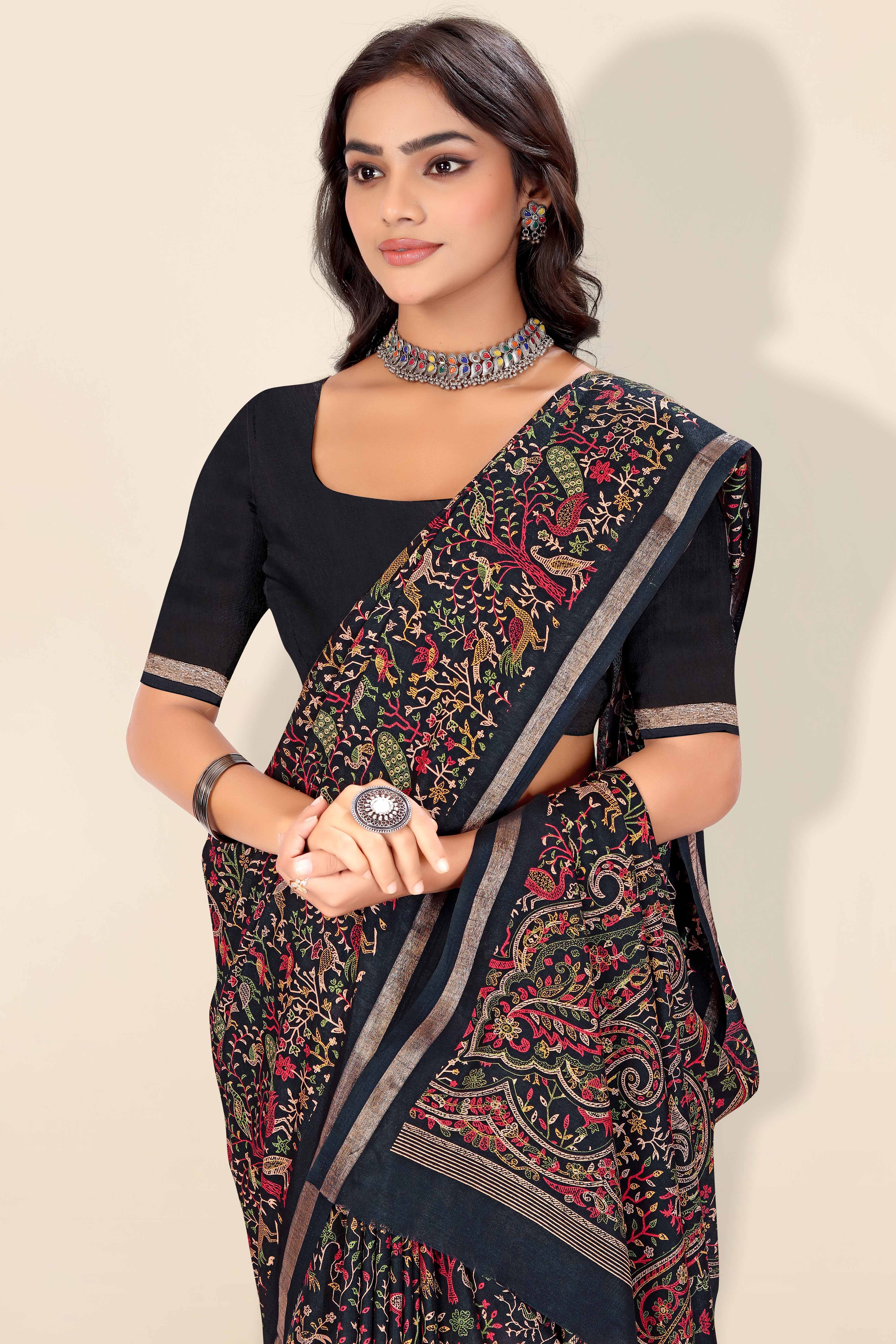 Black Tussar Silk Blend Saree with Intricate Floral & Bird Kashmiri Print & Elegant Zari Border