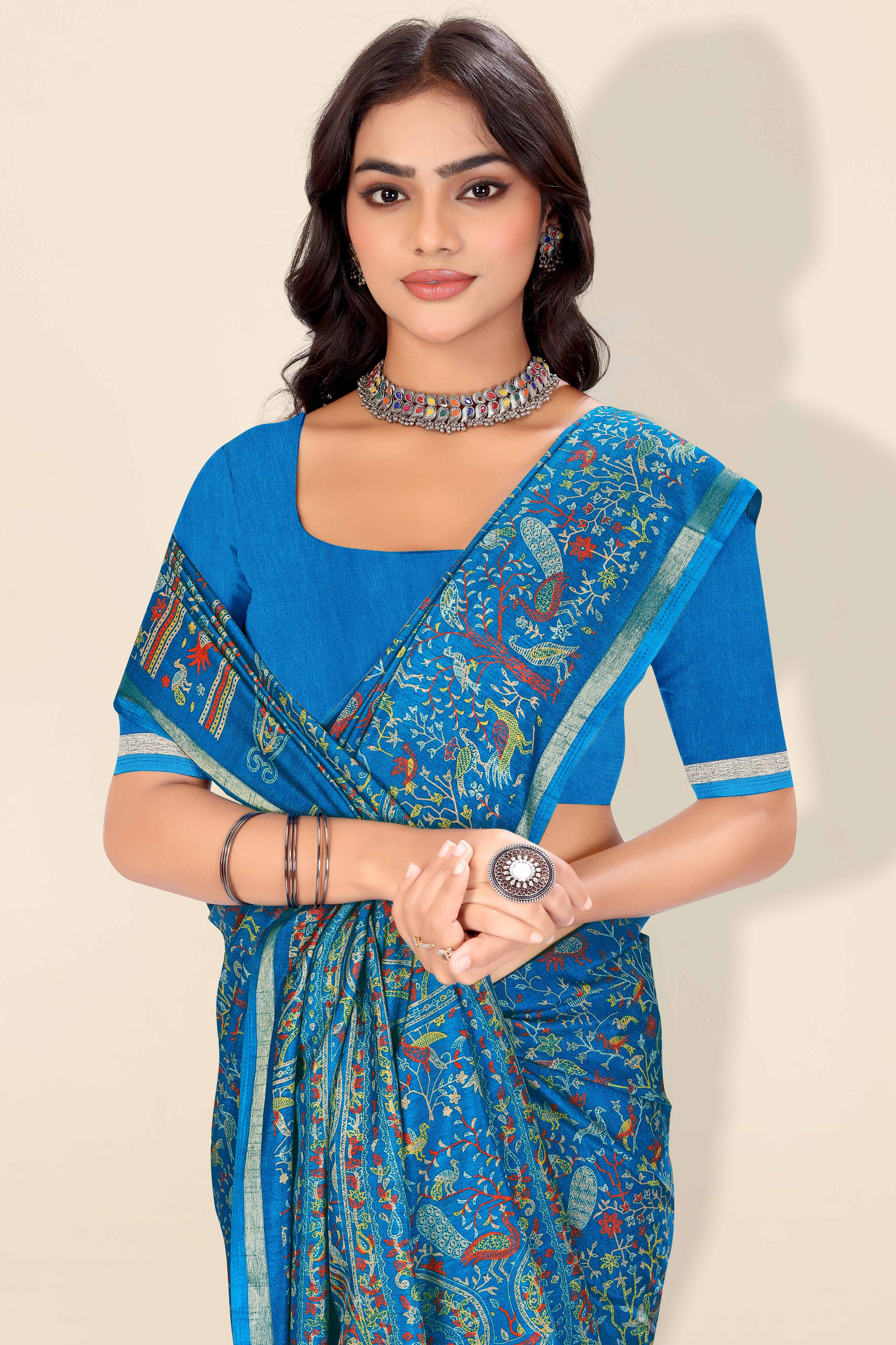 Blue Tussar Silk Blend Saree with Intricate Floral & Bird Kashmiri Print & Elegant Zari Border