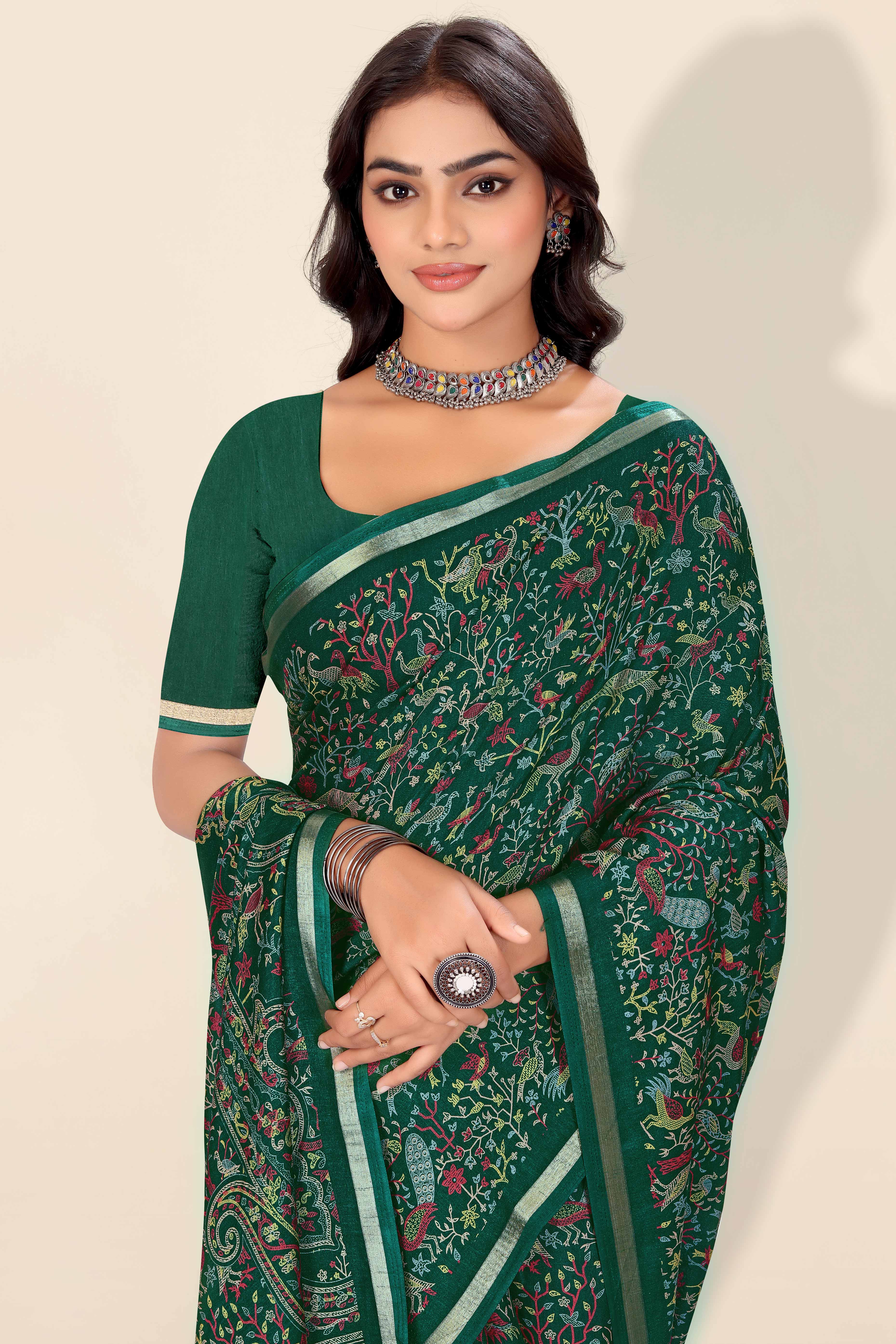Green Tussar Silk Blend Saree with Intricate Floral & Bird Kashmiri Print & Elegant Zari Border
