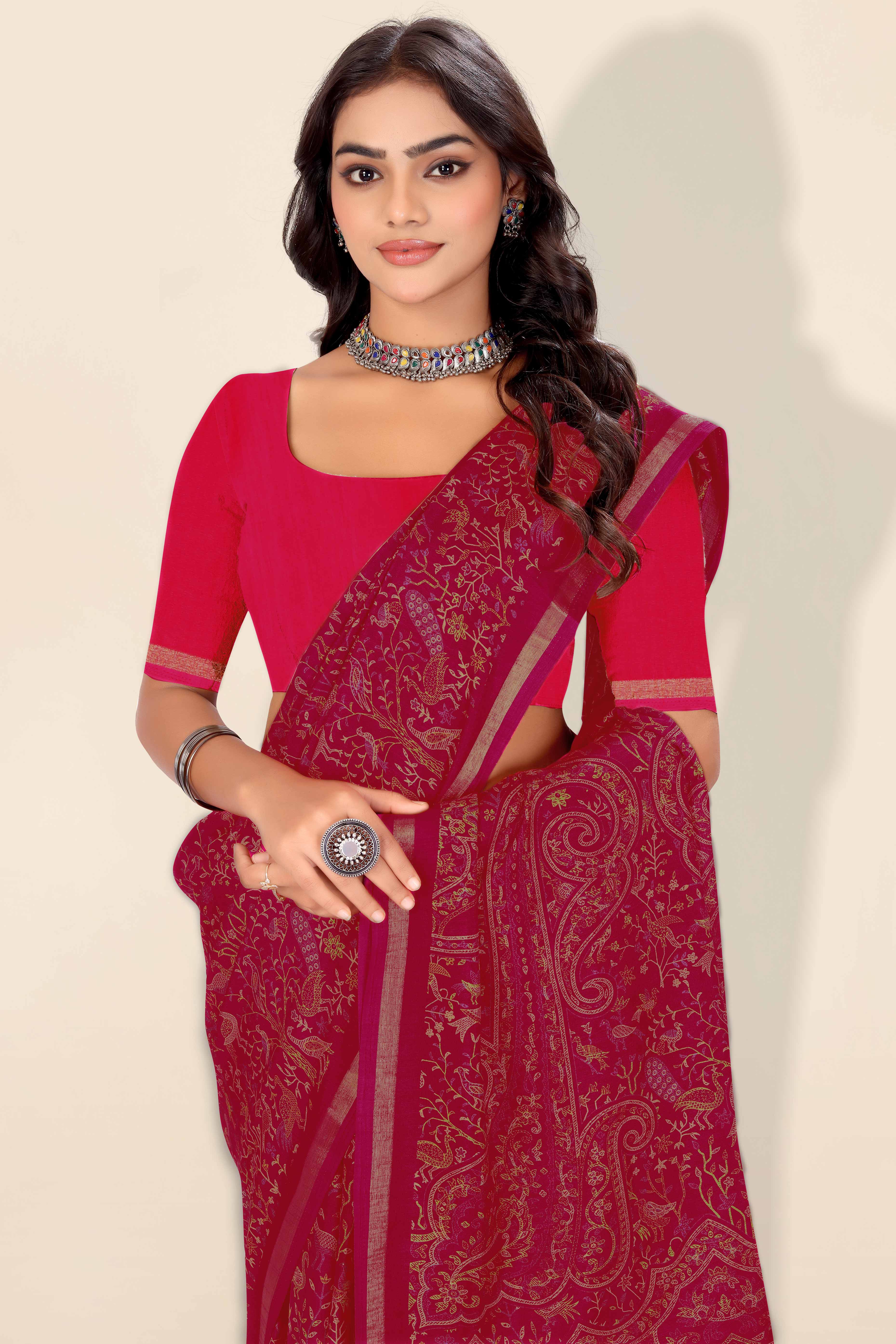 Pink Tussar Silk Blend Saree with Intricate Floral & Bird Kashmiri Print & Elegant Zari Border