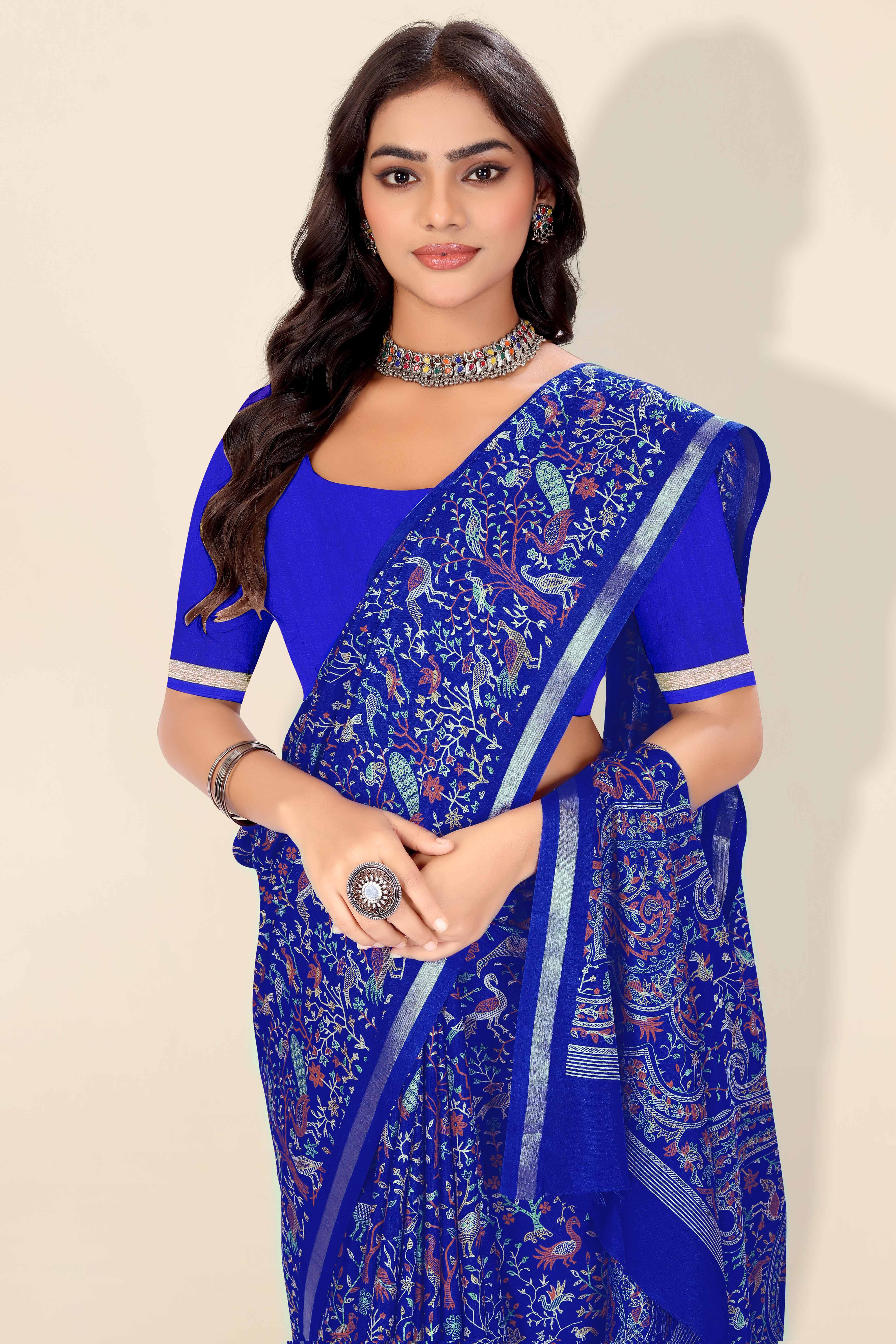 Royal Blue Tussar Silk Blend Saree with Intricate Floral & Bird Kashmiri Print & Zari Border