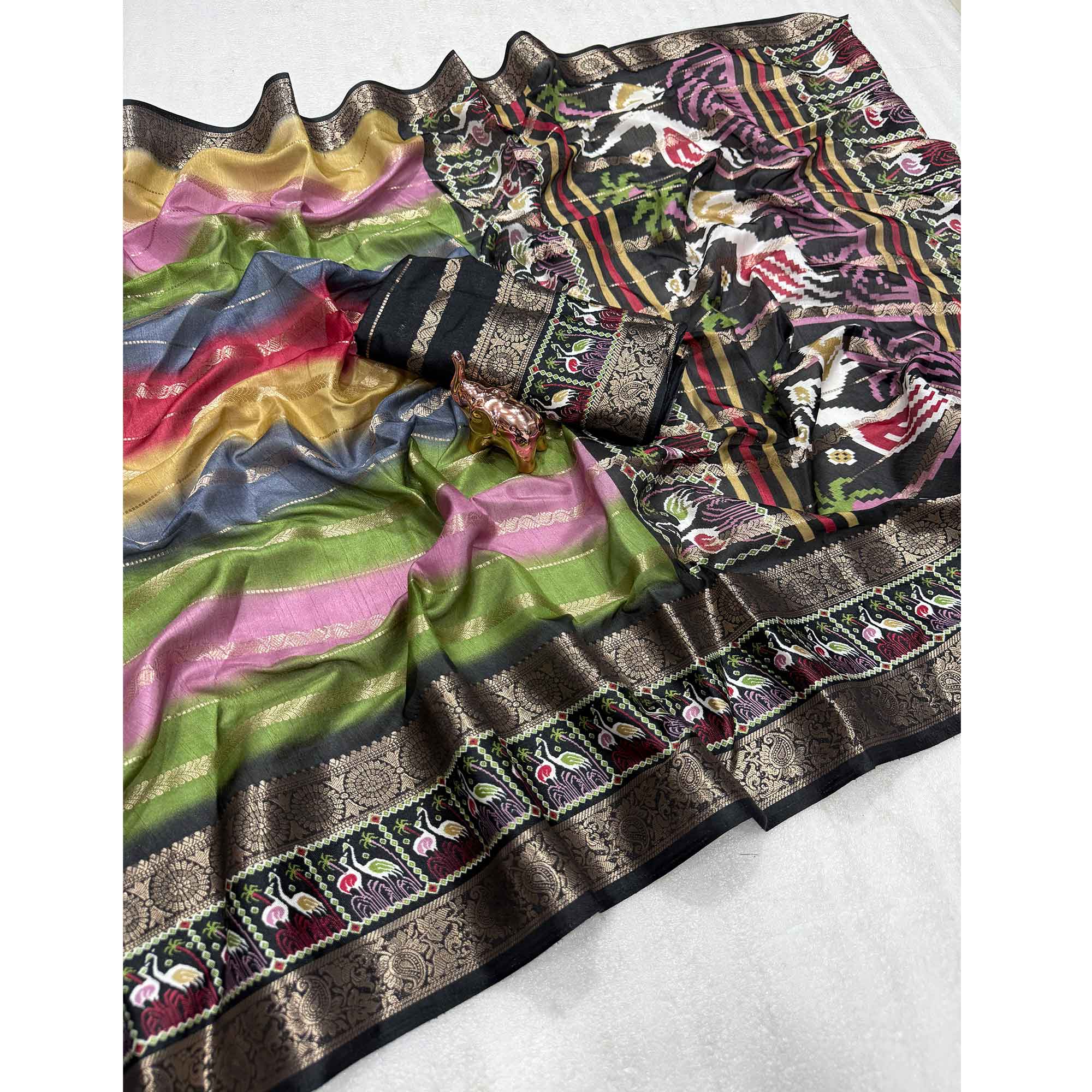 Luxury Multicolor Silk Jacquard Saree Adorned With Striped Zari Weaving and Printed Pallu