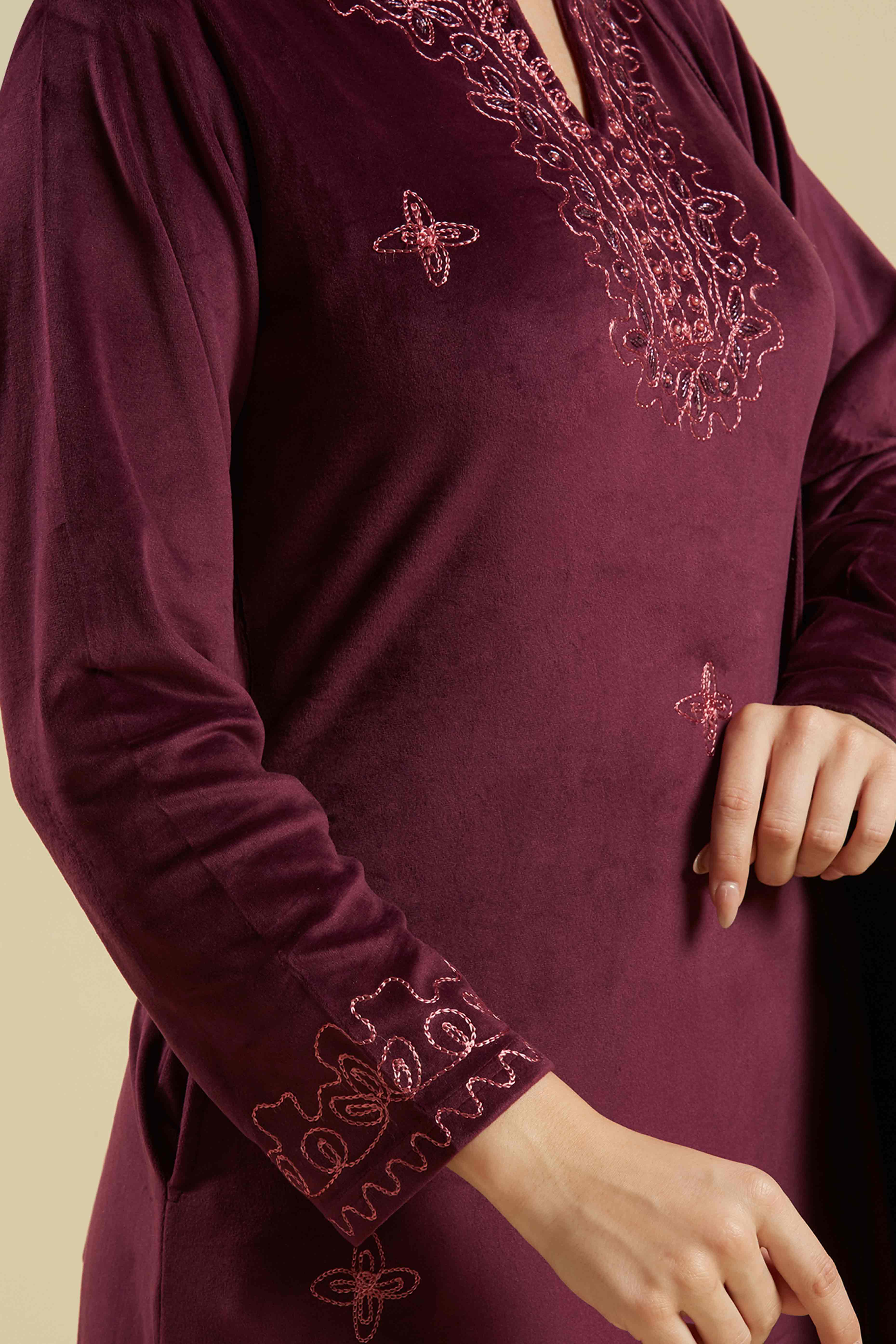 Wine Embroidered Velvet Straight Salwar Suit