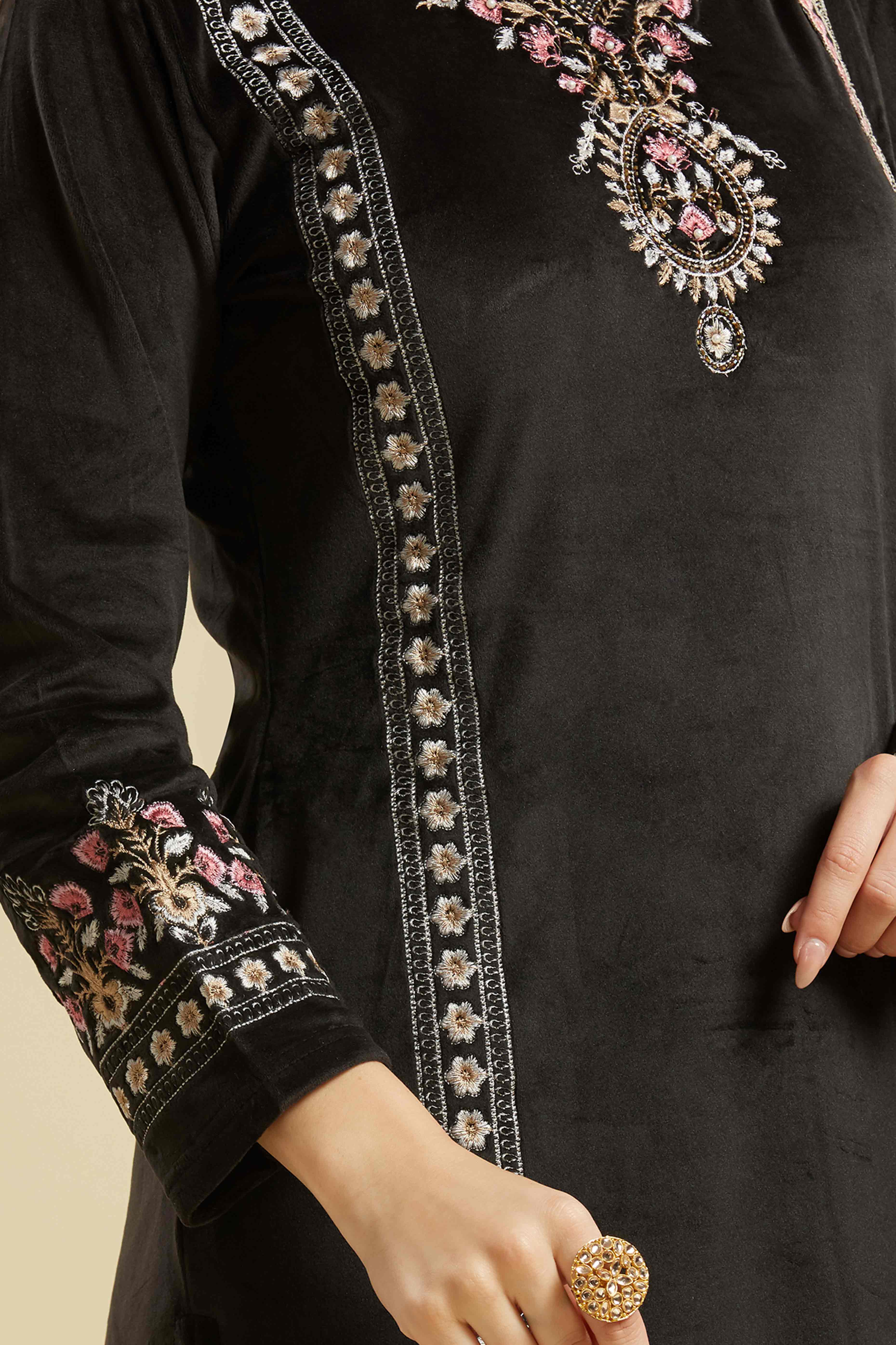 Black Embroidered Velvet Straight Salwar Suit