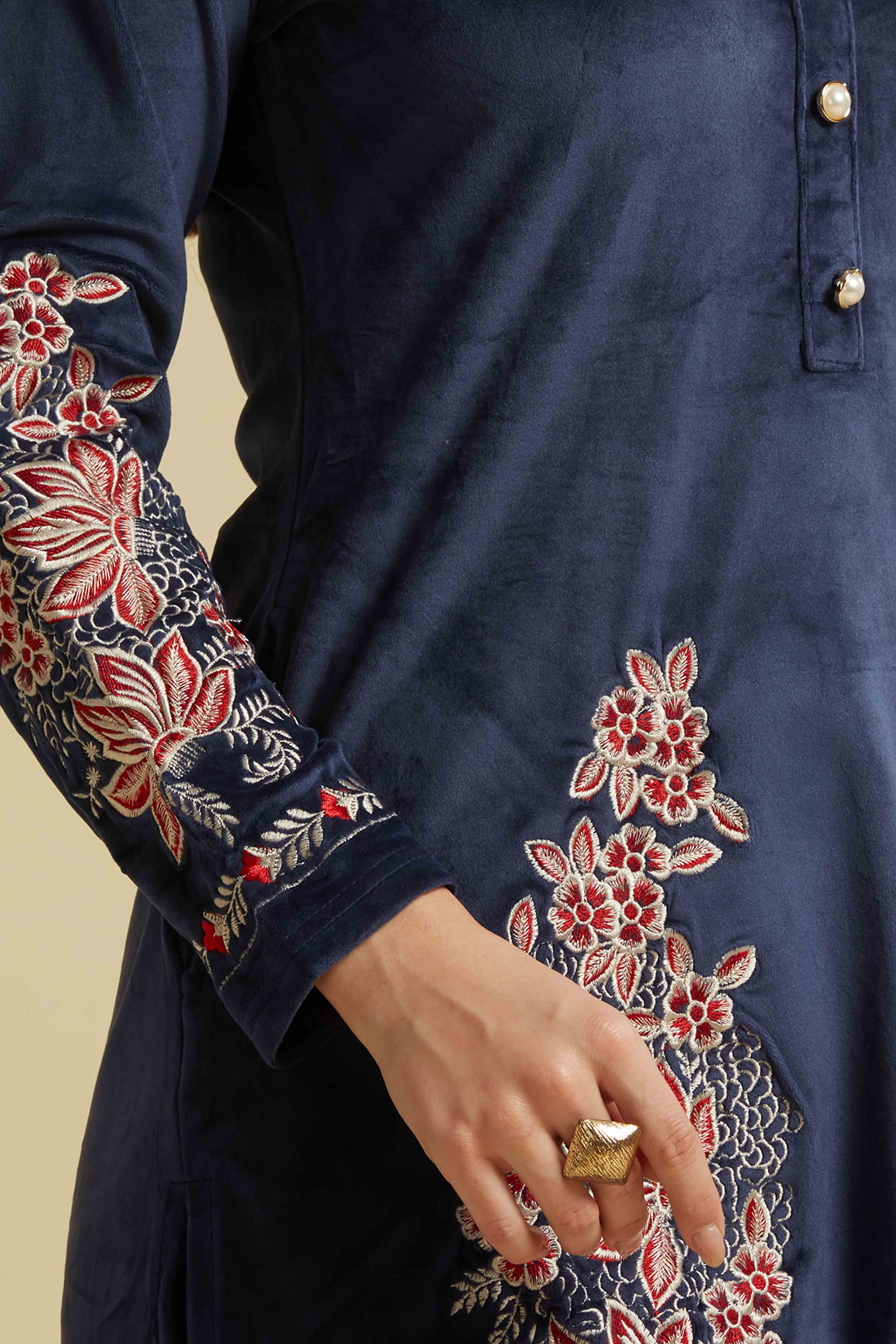 Navy Blue Embroidered Velvet Straight Top Bottom Set