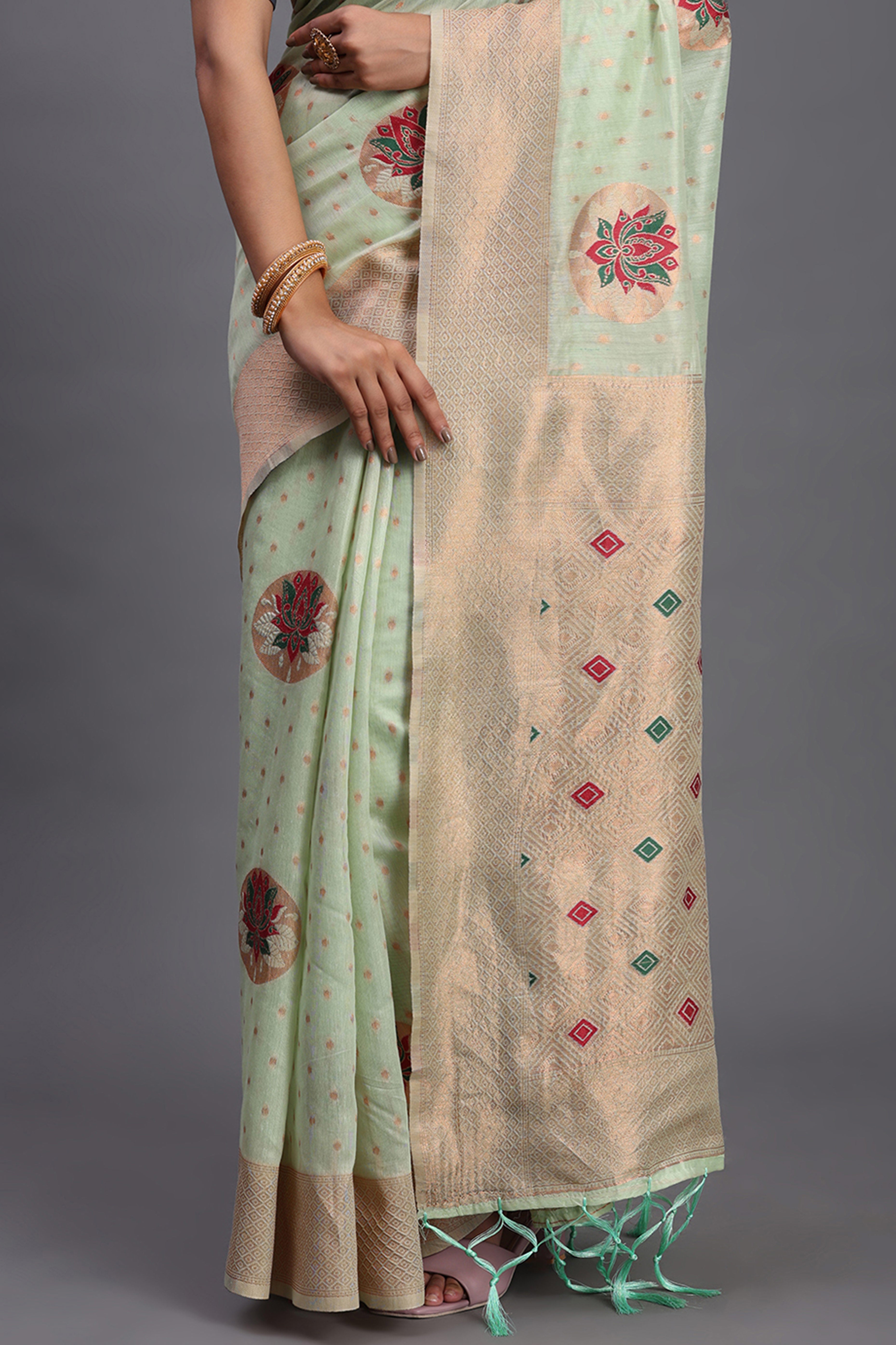 Stylish Light Green Floral Zari Weaving Linen Cotton Saree With Graceful Tassel Pallu