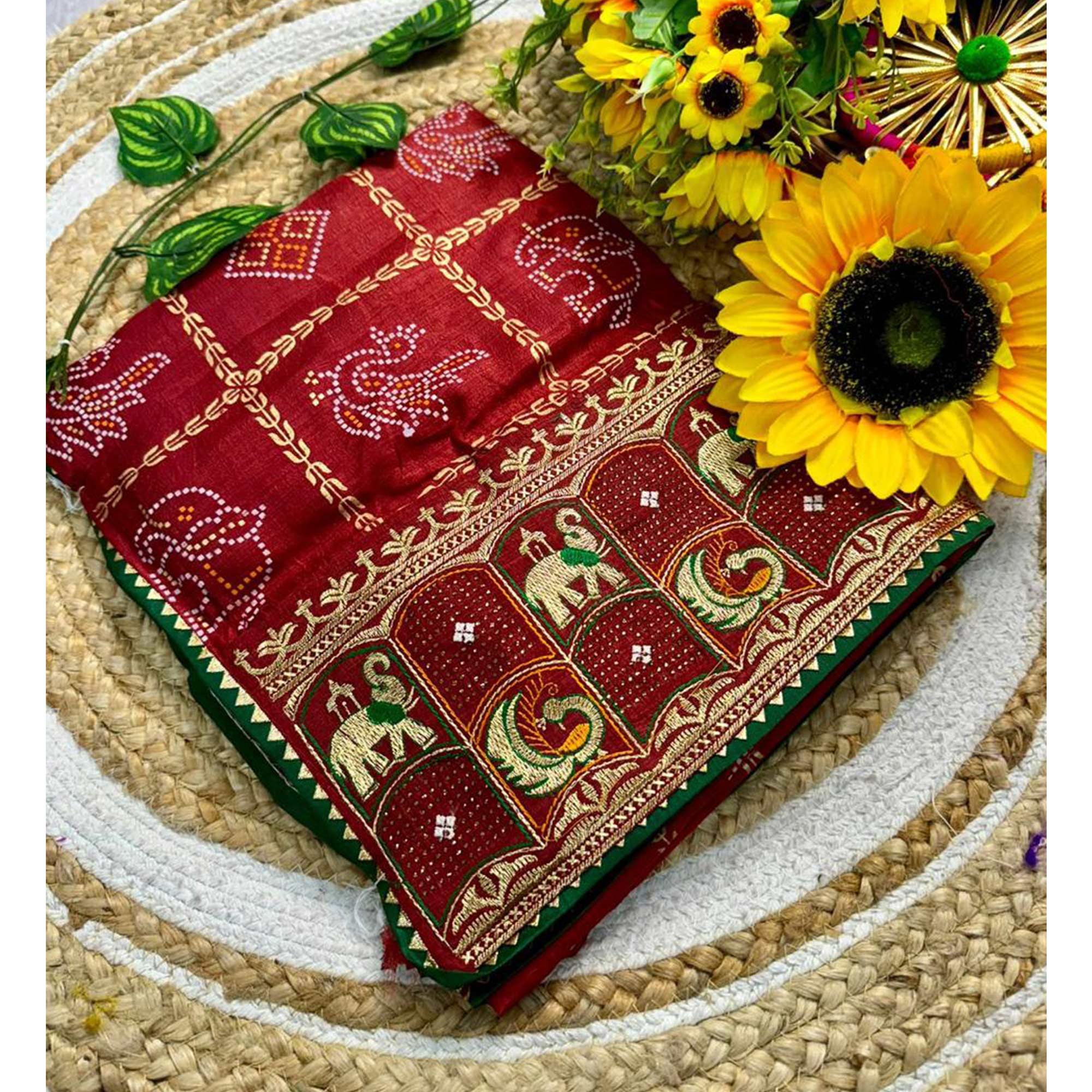Maroon Vichitra Silk Saree Featuring Bandhani Patterns and Graceful Embroidered Borders