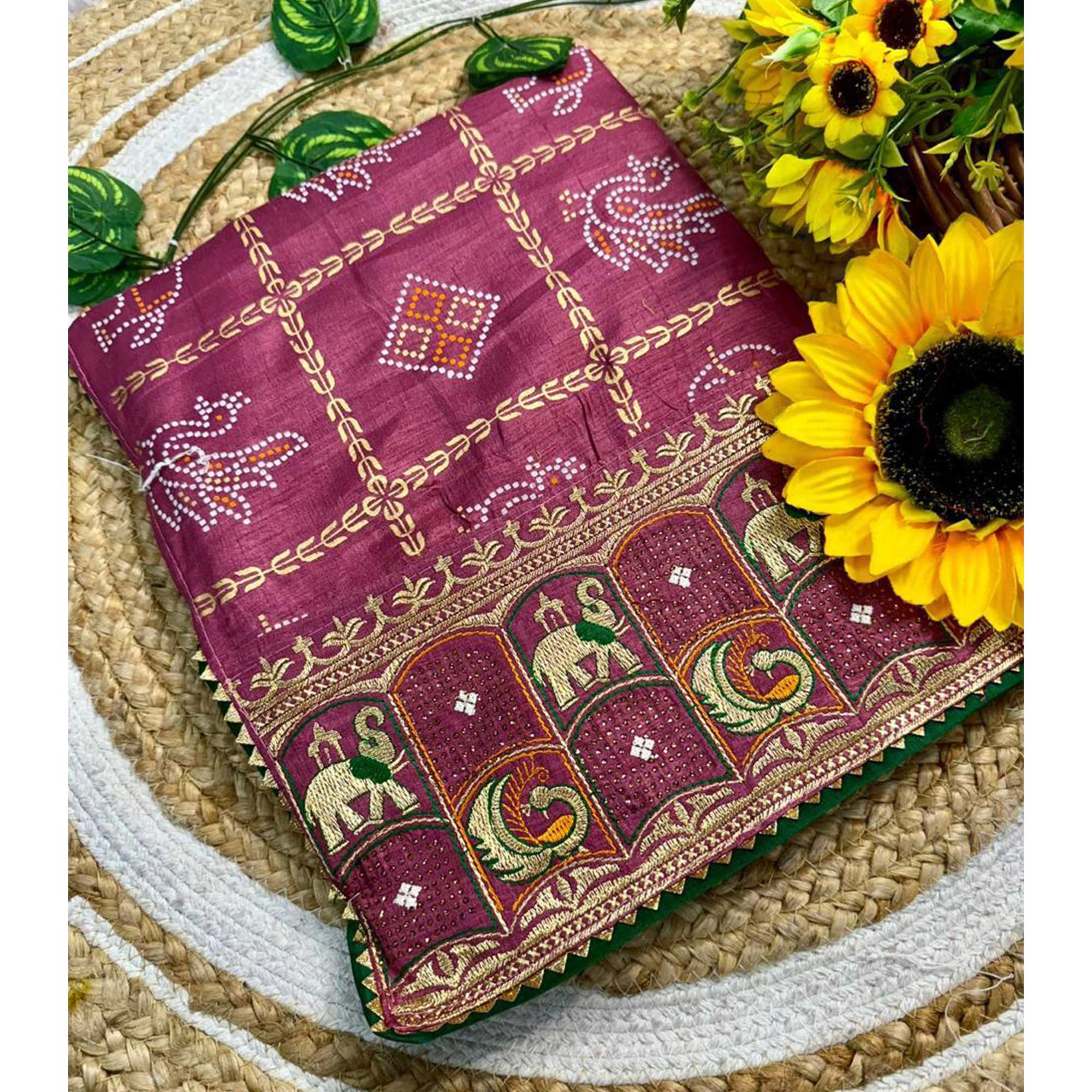 Purple Vichitra Silk Saree Featuring Bandhani Patterns and Graceful Embroidered Borders