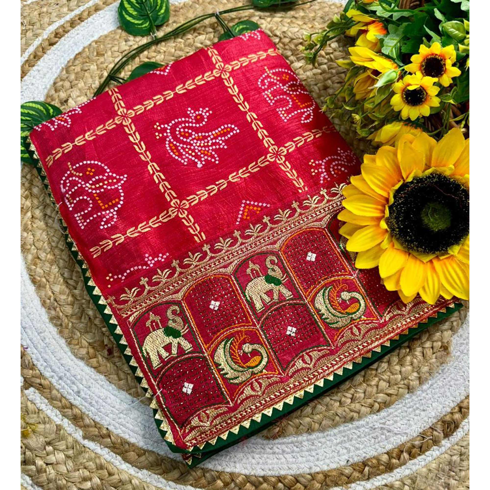 Red Vichitra Silk Saree Featuring Bandhani Patterns and Graceful Embroidered Borders