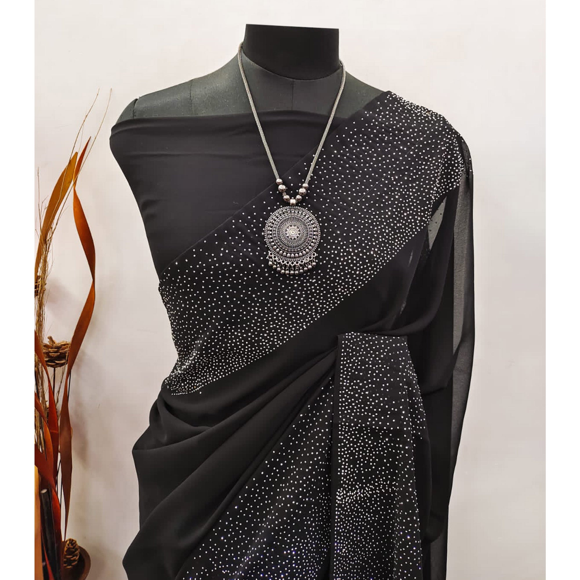 Black Swarovski Border Work Georgette Saree
